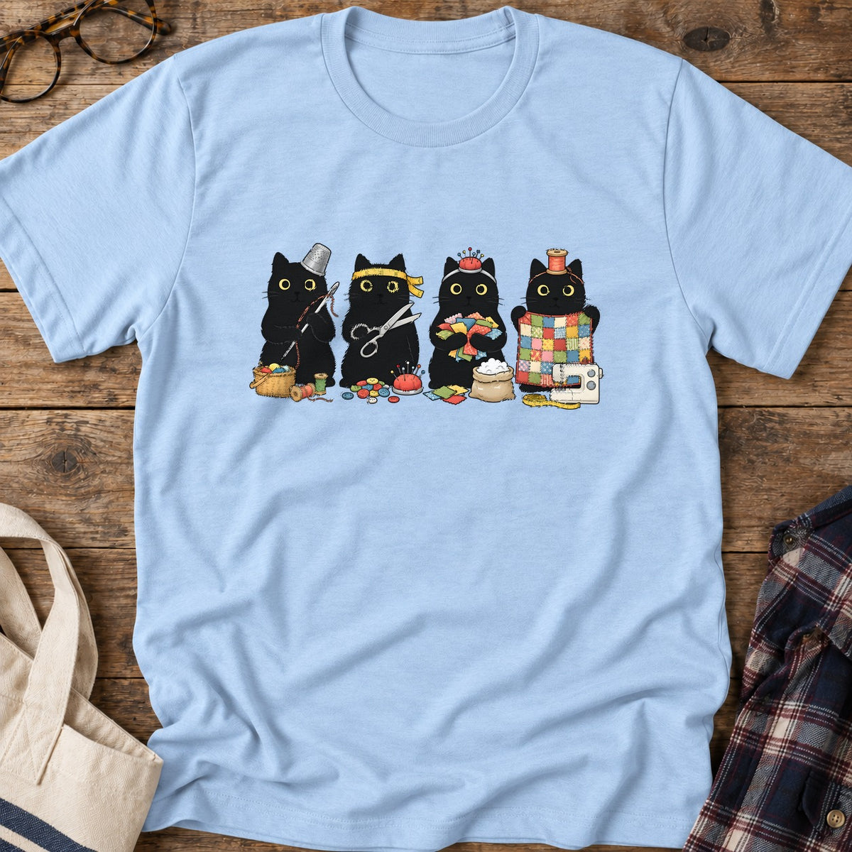 Sewing Cats T-Shirt in Light Blue