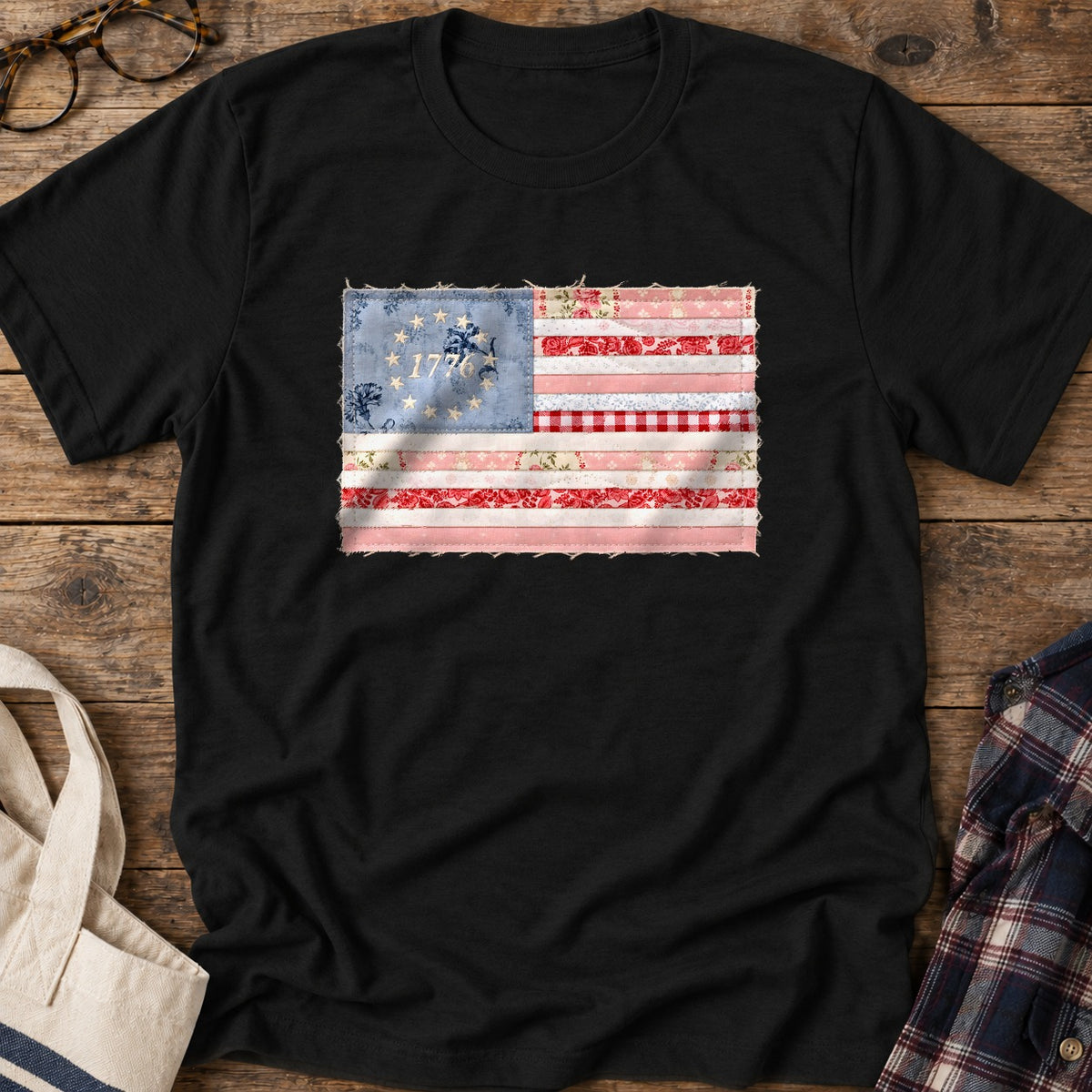 Quilted Rag Flag T-Shirt in Black