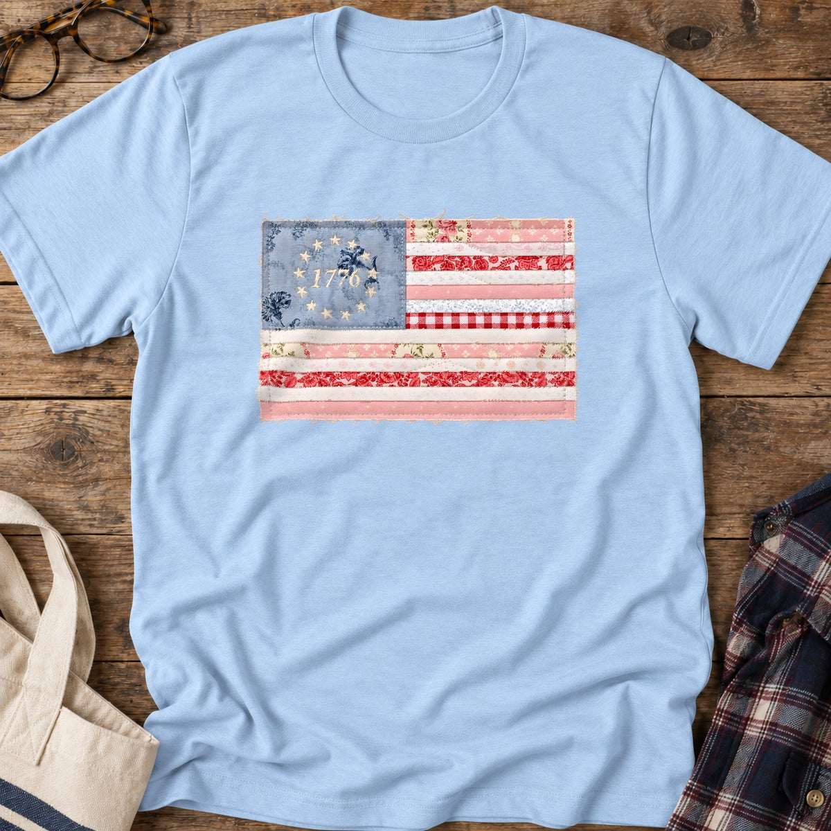 Quilted Rag Flag T-Shirt in Light Blue