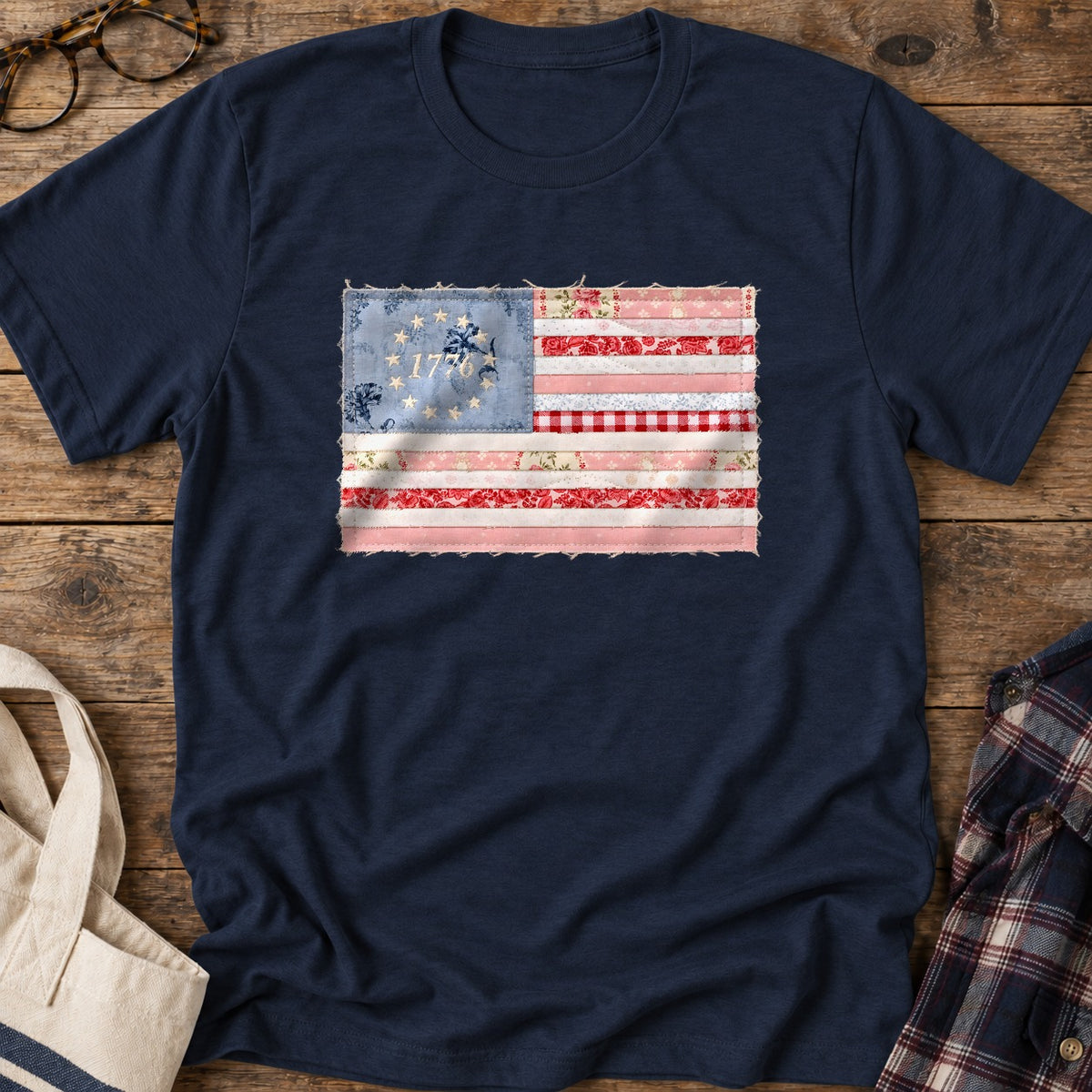Quilted Rag Flag T-Shirt in Navy