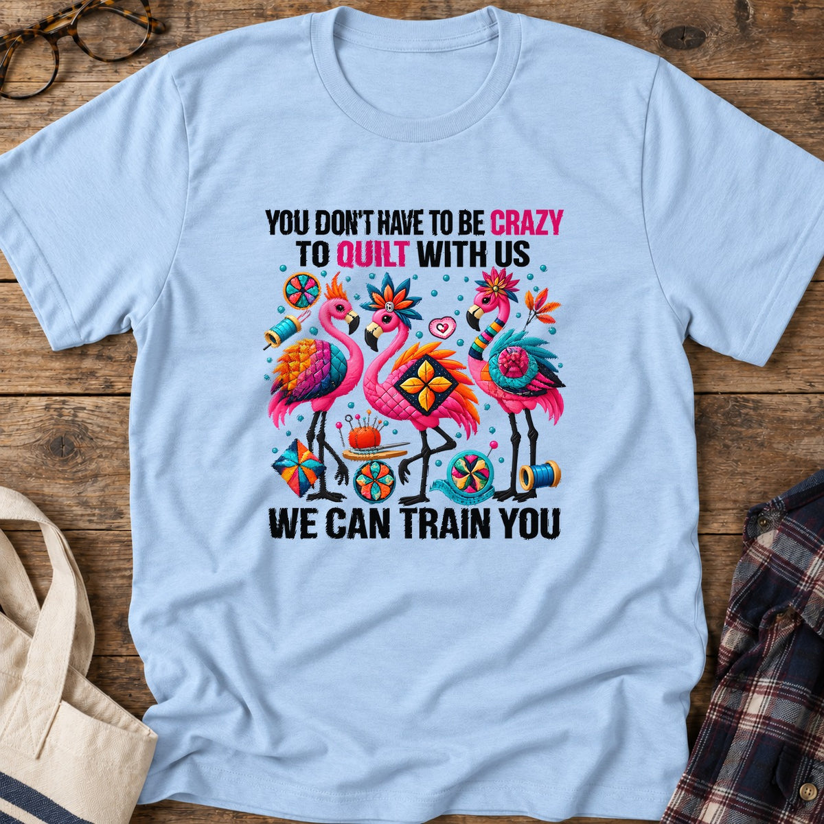 Crazy Quilting Flamingos T-Shirt in Light Blue