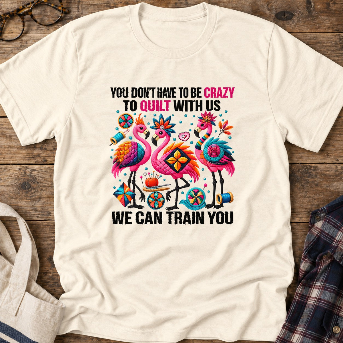 Crazy Quilting Flamingos T-Shirt in Natural
