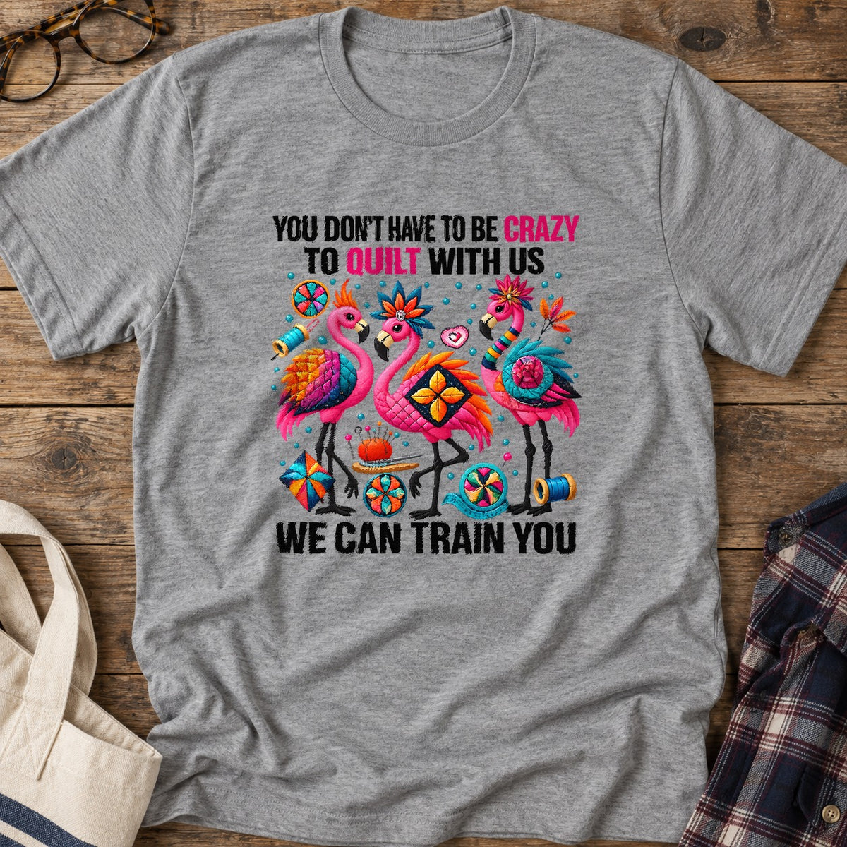 Crazy Quilting Flamingos T-Shirt in Sport Grey