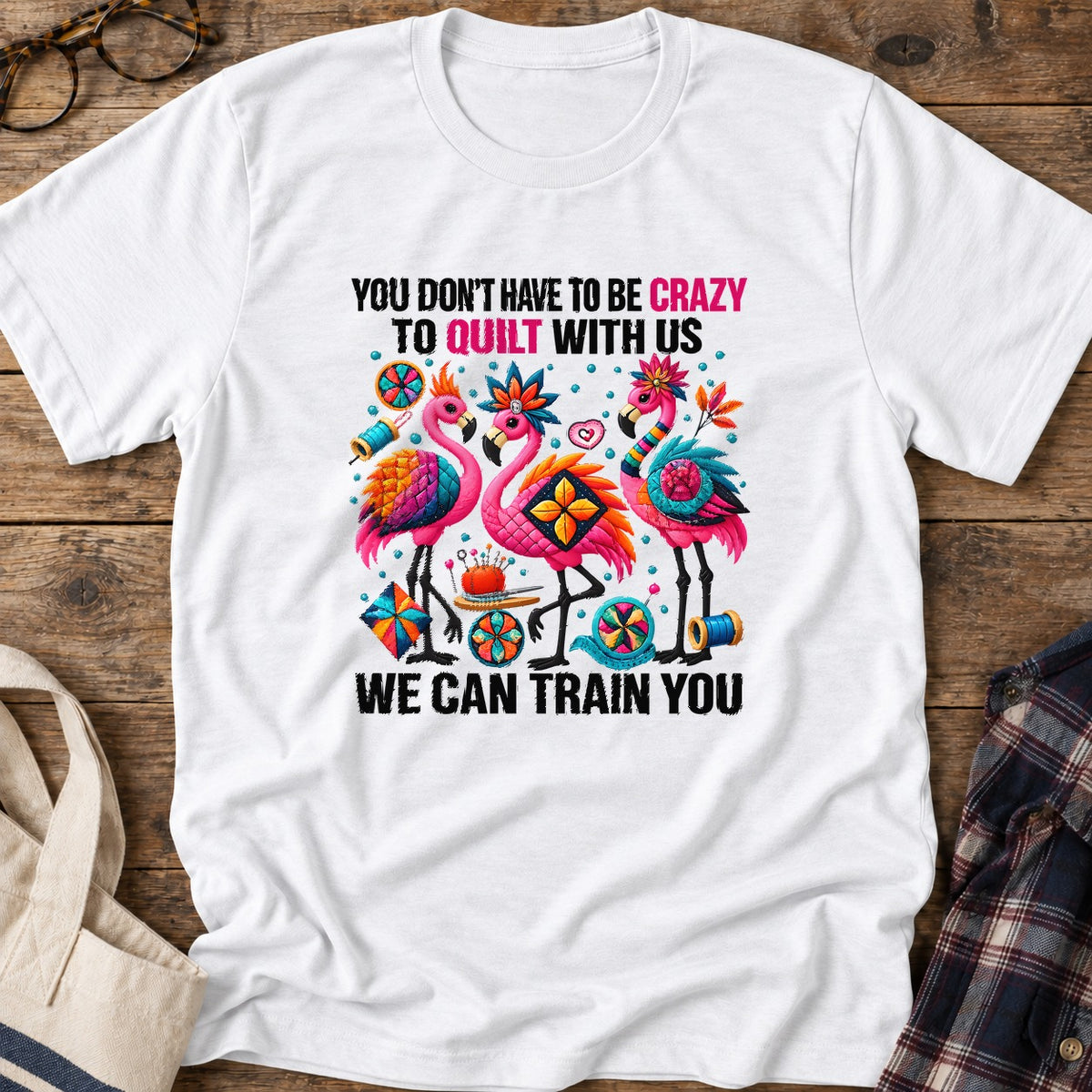 Crazy Quilting Flamingos T-Shirt in White