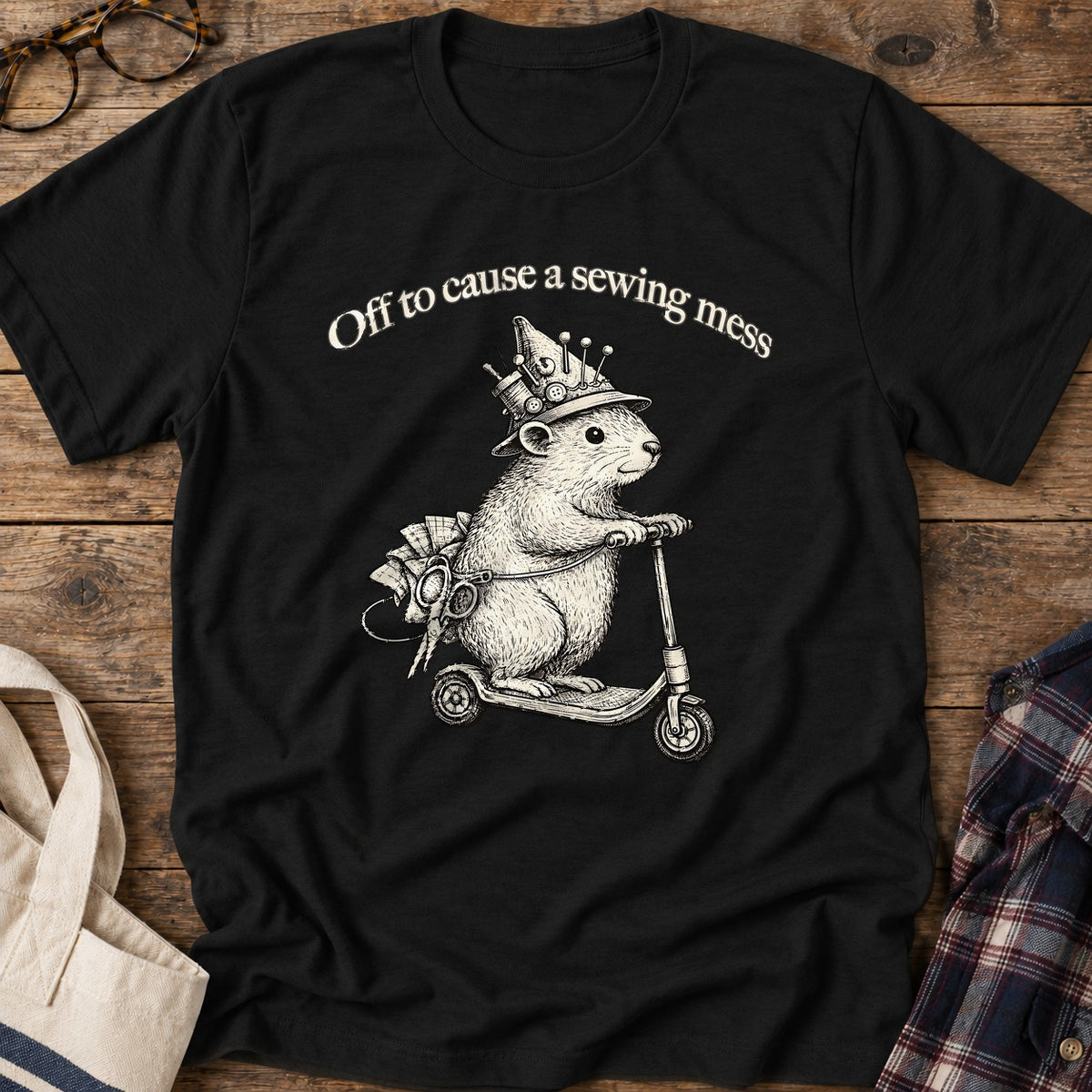 Sewing Mess Squirrel T-Shirt in Black