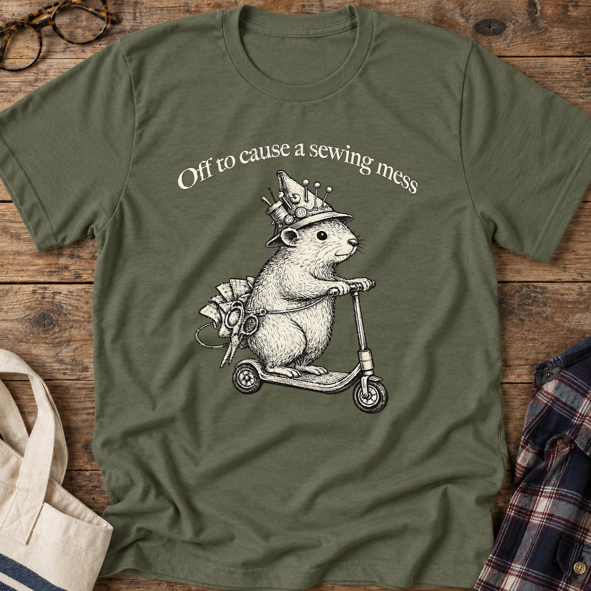 Sewing Mess Squirrel T-Shirt in Military Green