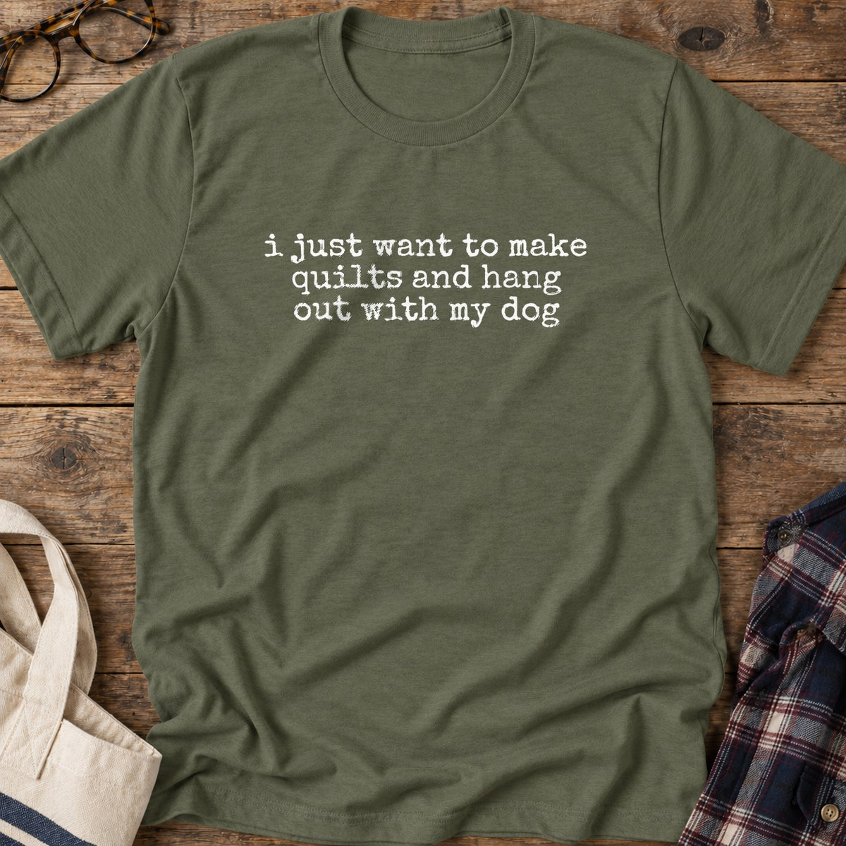 Quilts And Dogs T-Shirt in Military Green