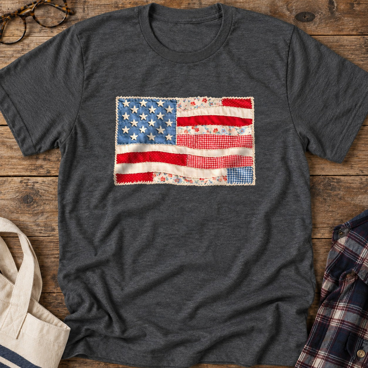 Patchwork American Flag T-Shirt in Dark Heather