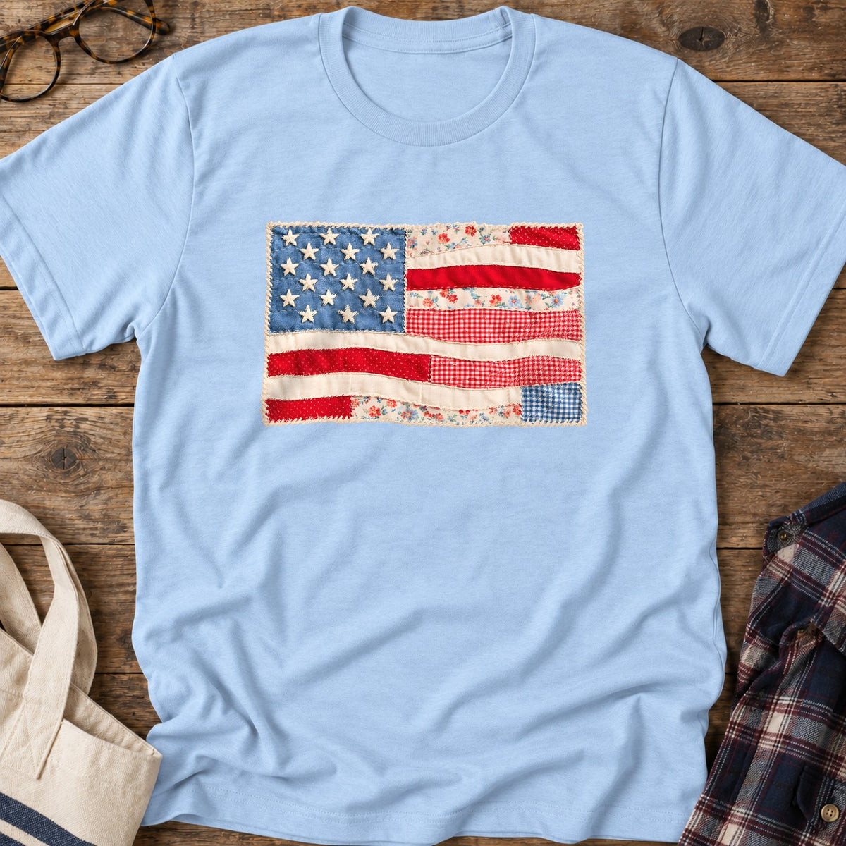 Patchwork American Flag T-Shirt in Light Blue