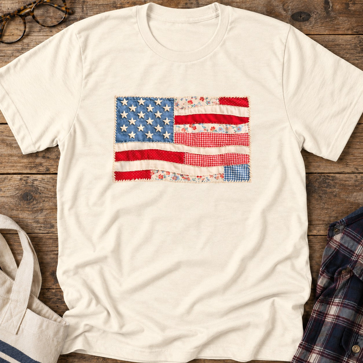 Patchwork American Flag T-Shirt in Natural