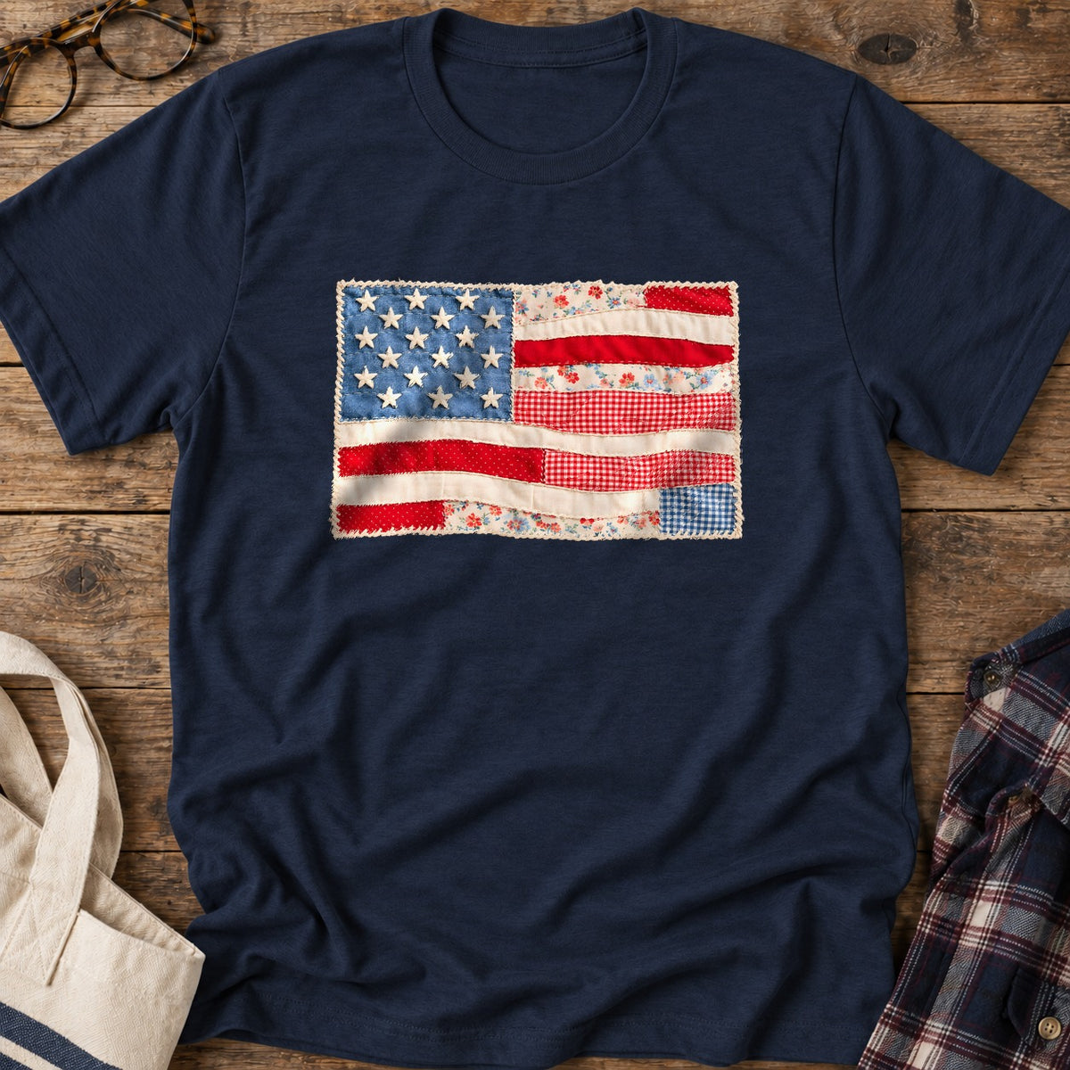 Patchwork American Flag T-Shirt in Navy