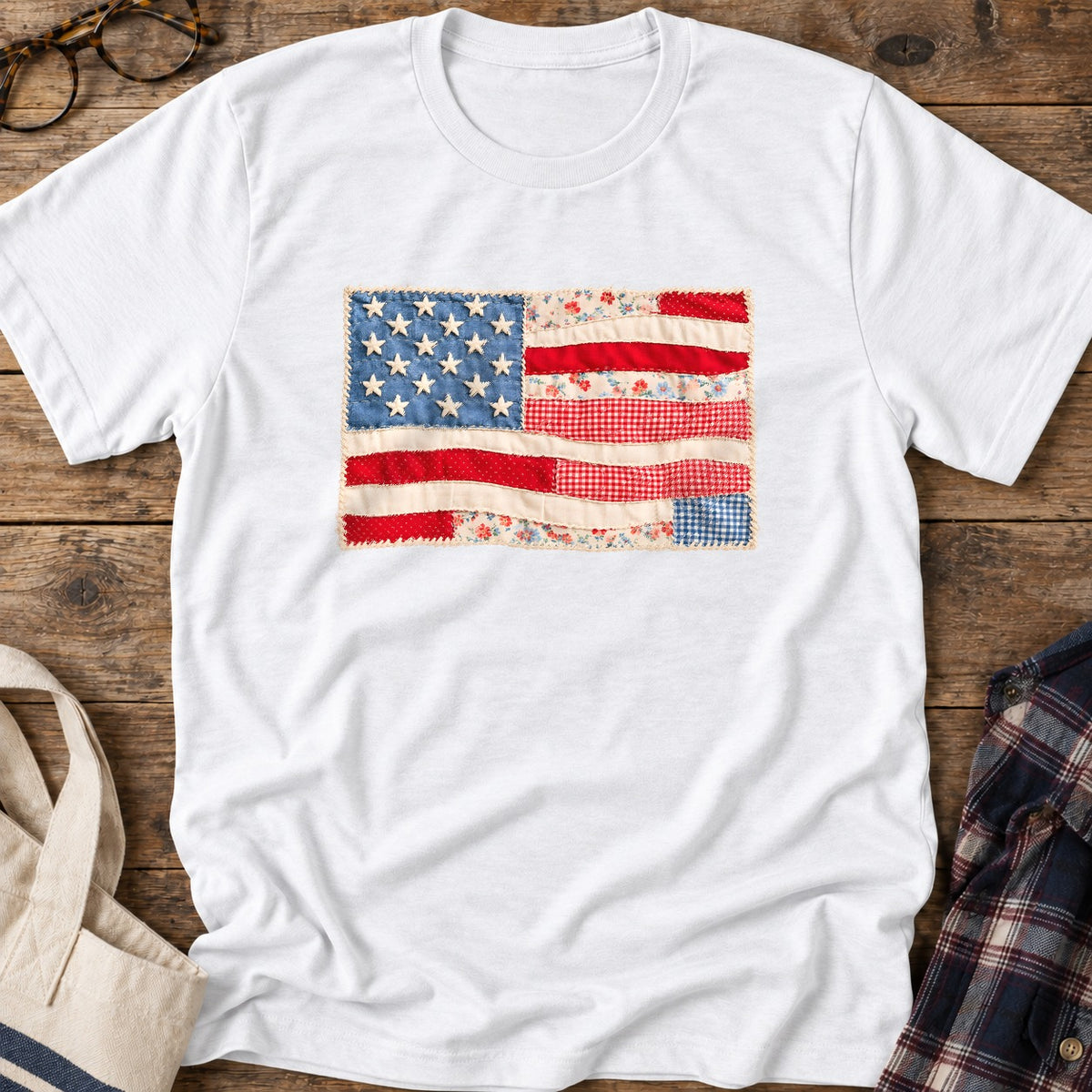 Patchwork American Flag T-Shirt in White