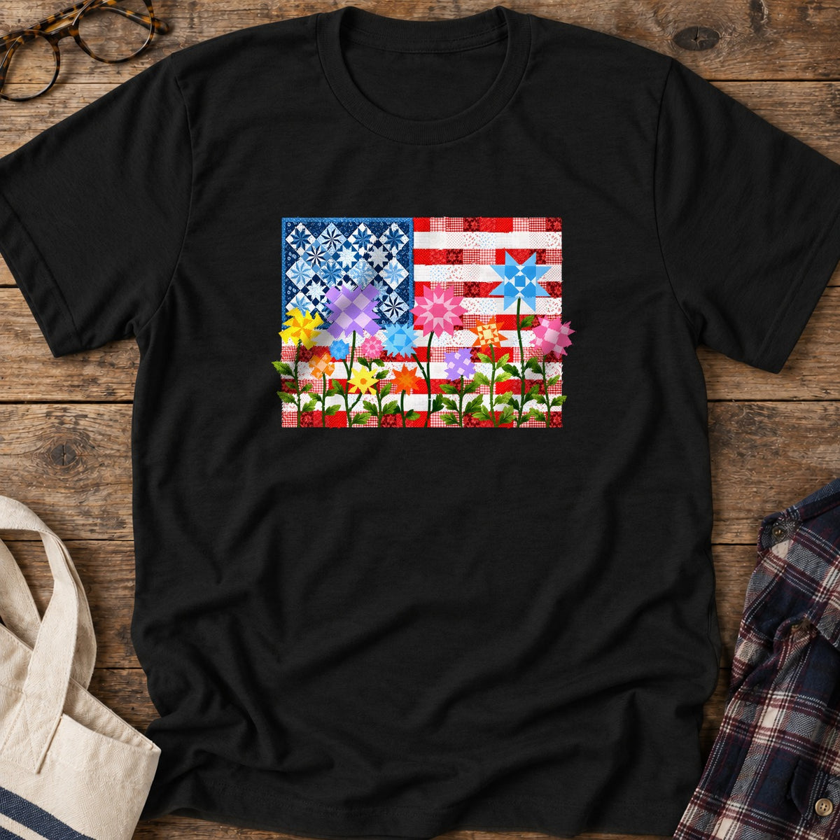 Stars Stripes Stitches T-Shirt in Black