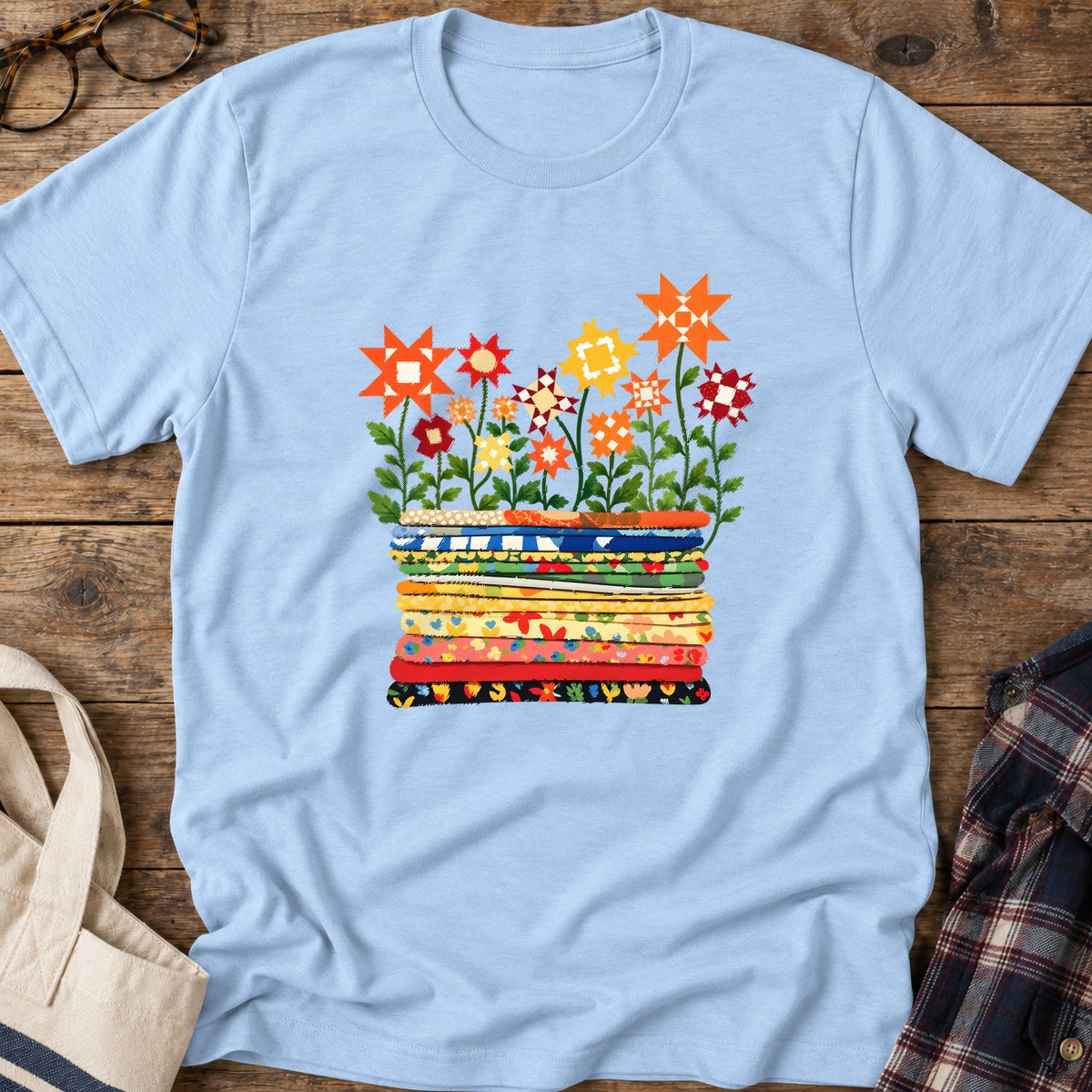 Quilt Blooms T-Shirt in Light Blue