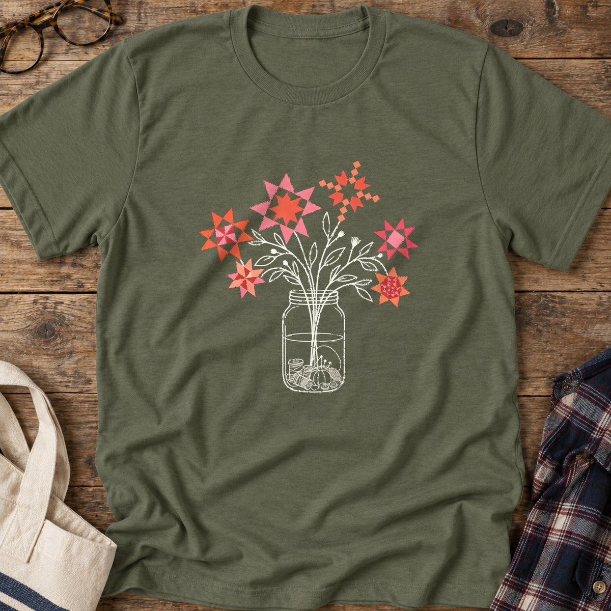 Patchwork Posy Jar T-Shirt in Military Green
