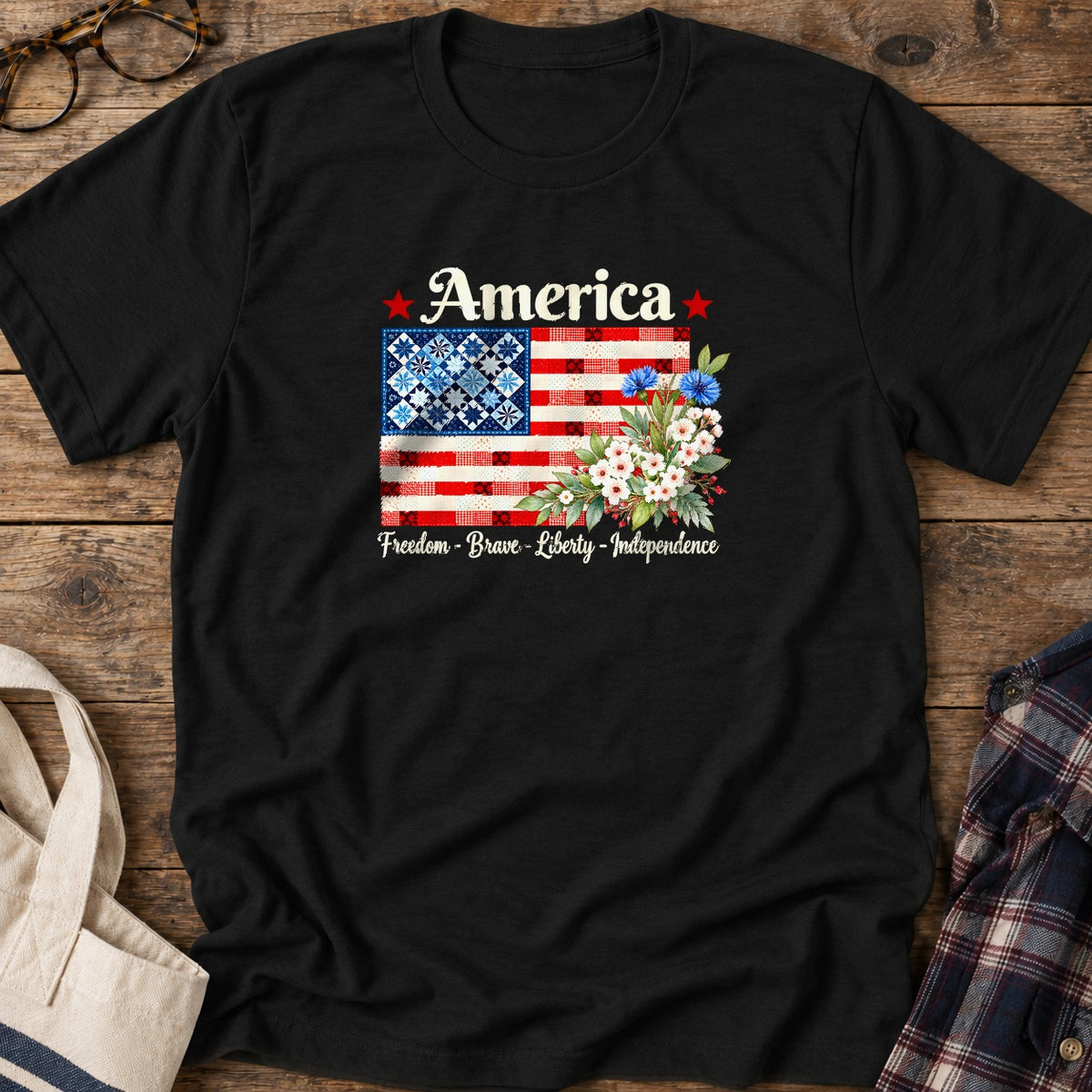 American Patchwork Bloom T-Shirt in Black