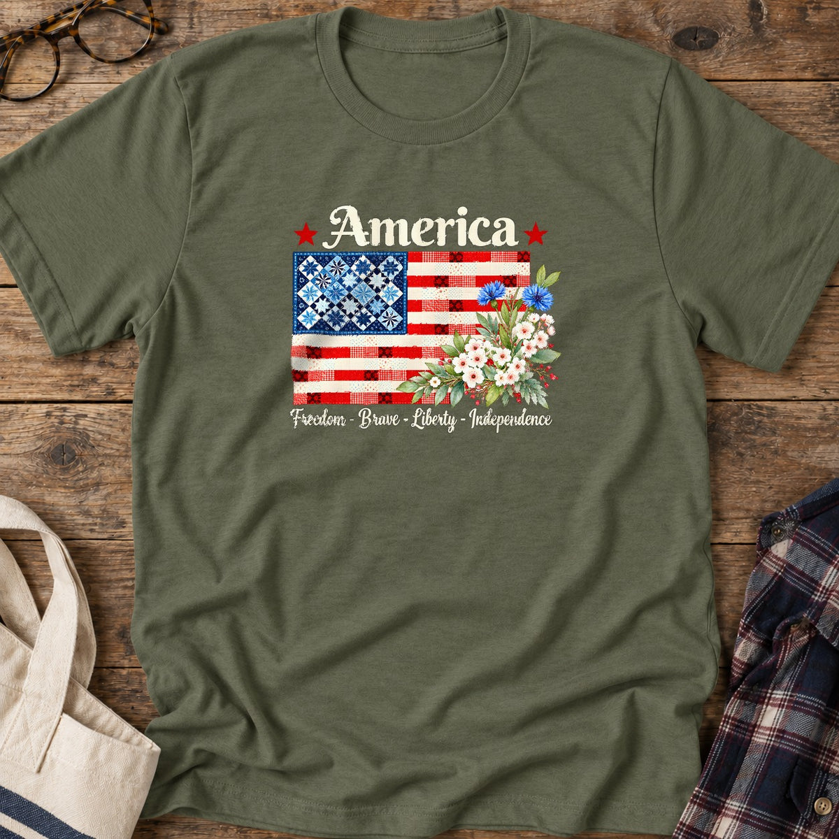American Patchwork Bloom T-Shirt in Military Green