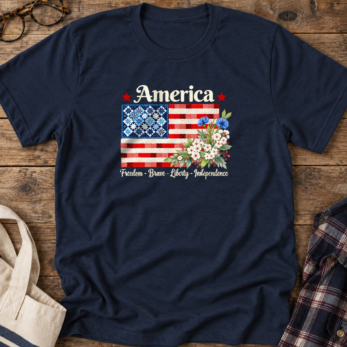 American Patchwork Bloom T-Shirt in Navy