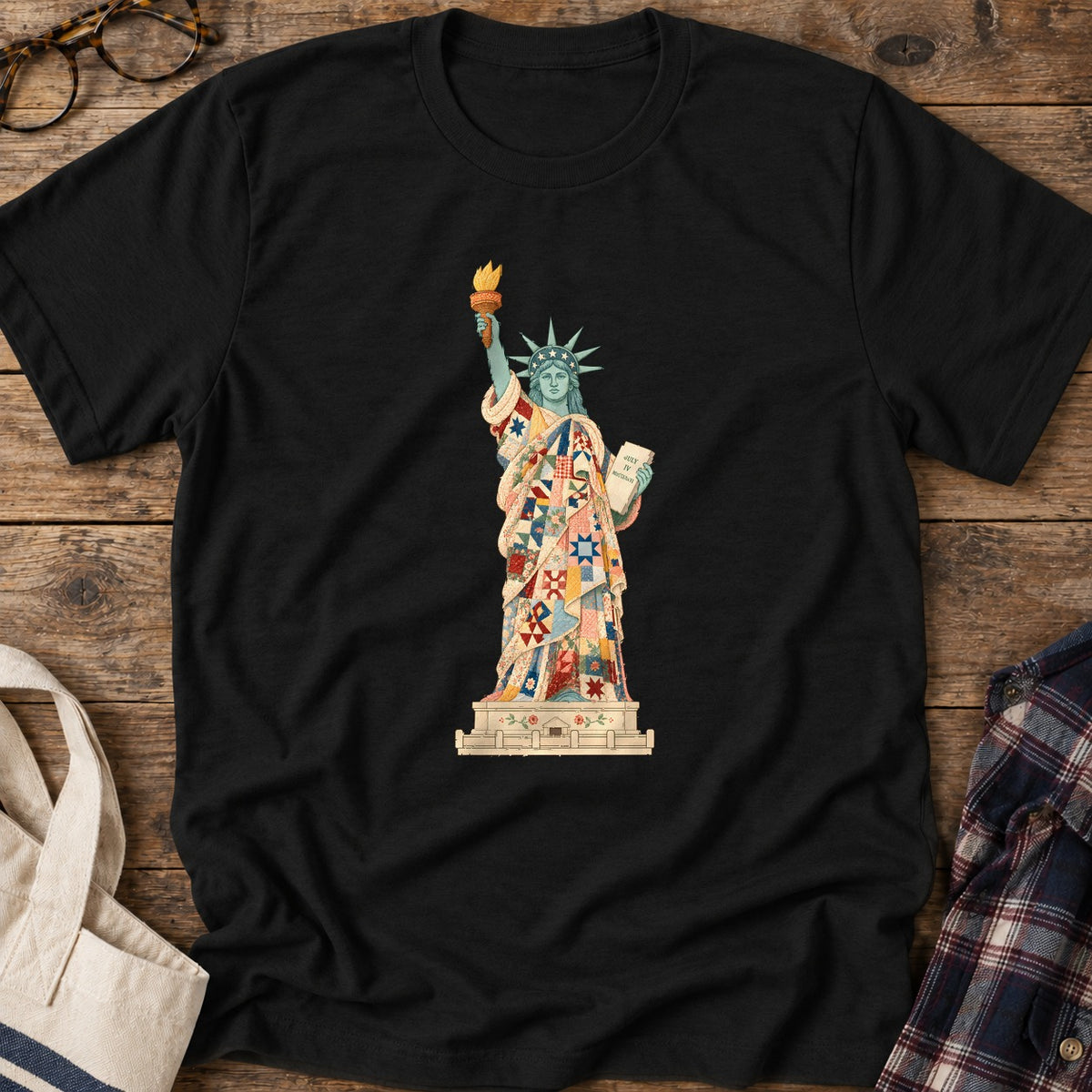 Patchwork Lady Liberty T-Shirt in Black