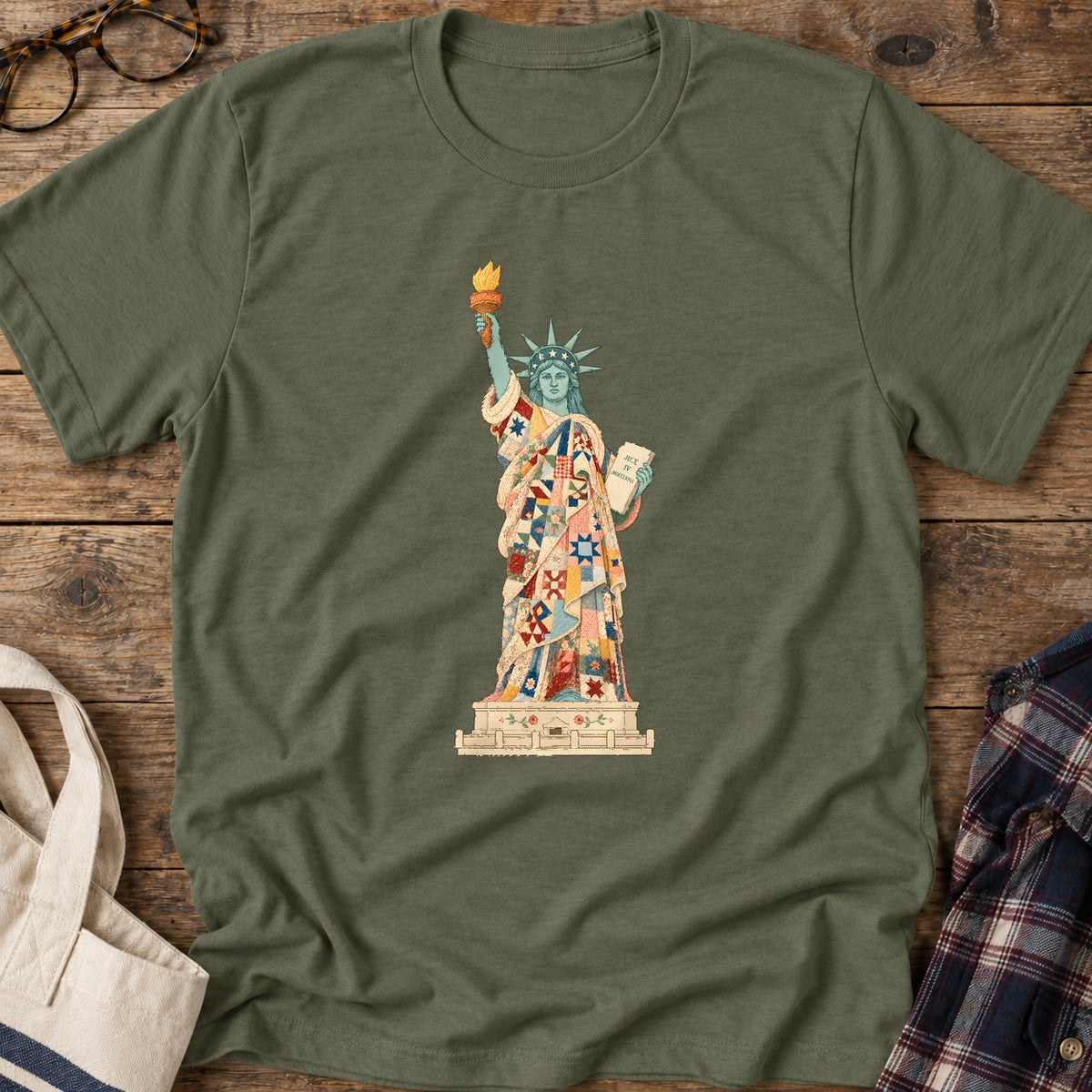Patchwork Lady Liberty T-Shirt in Military Green