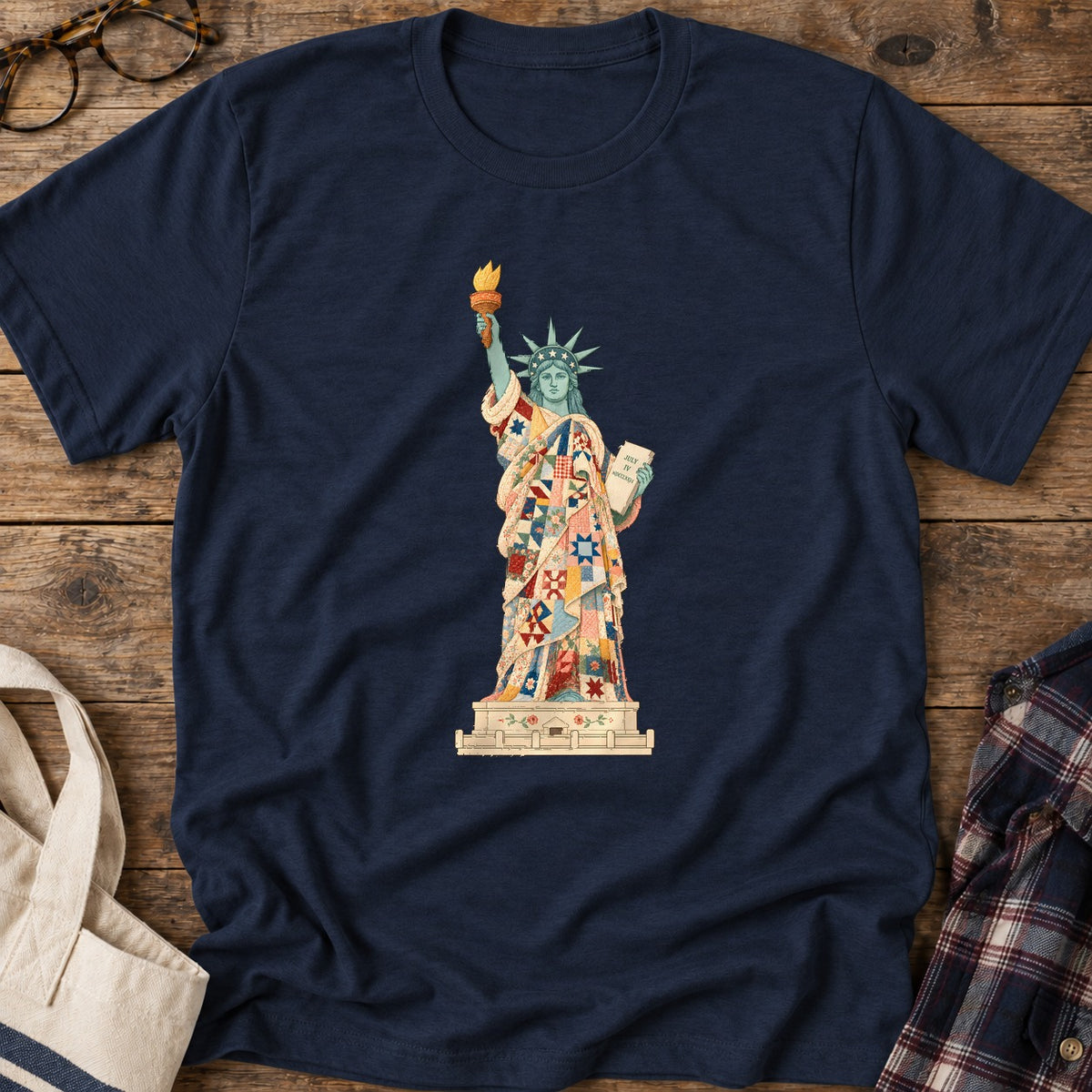 Patchwork Lady Liberty T-Shirt in Navy