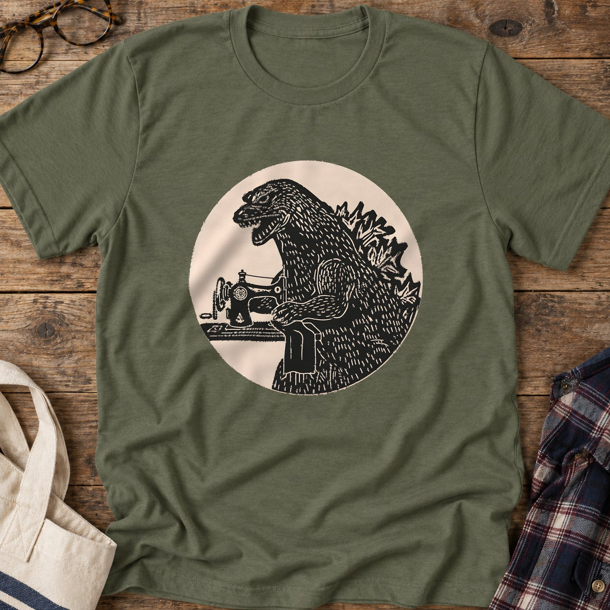 Quilting Dinosaur T-Shirt in Military Green
