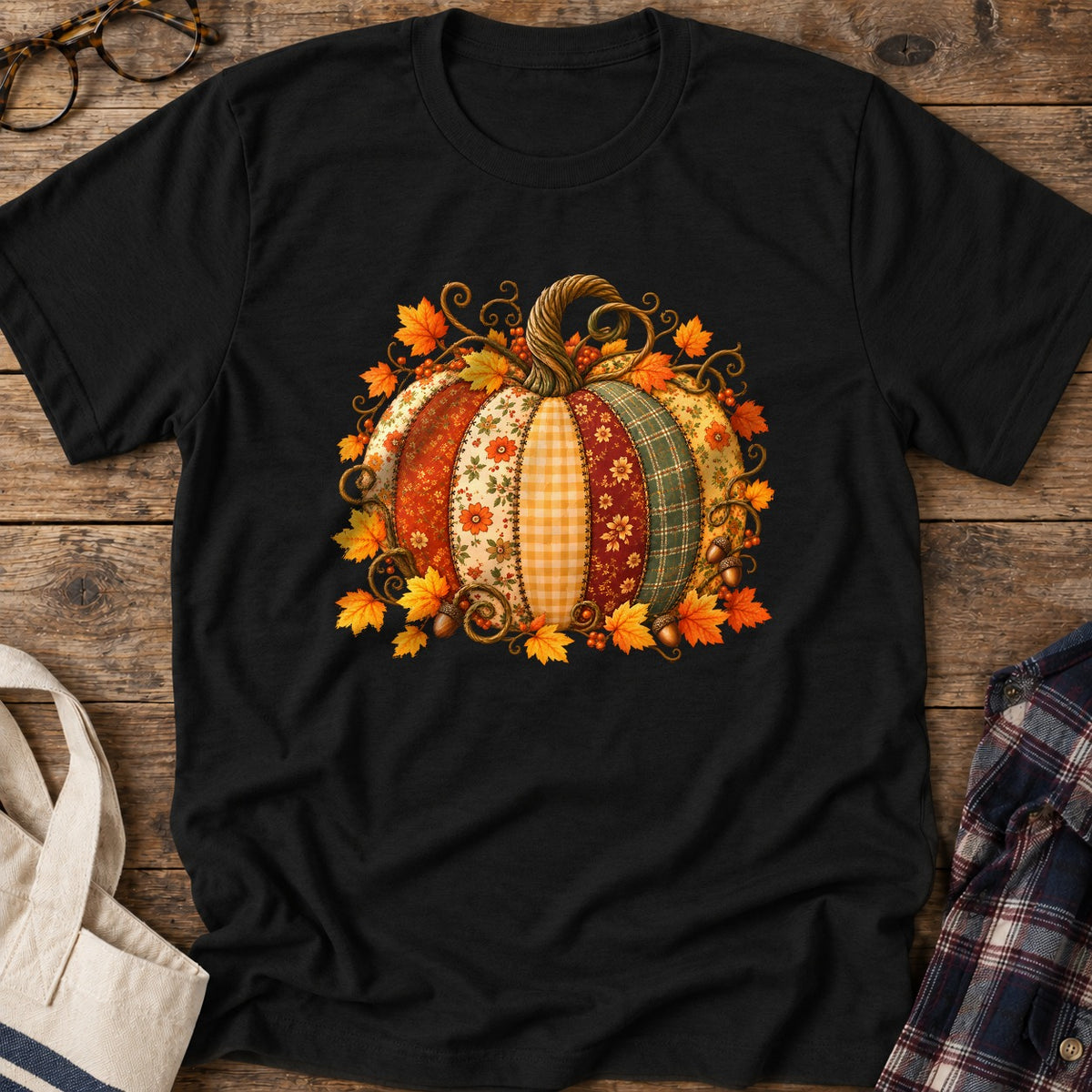 Autumn Patchwork Pumpkin T-Shirt in Black