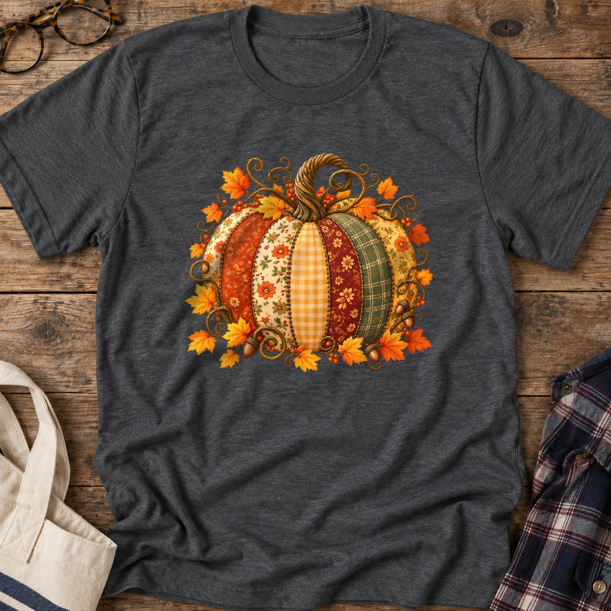 Autumn Patchwork Pumpkin T-Shirt in Dark Heather