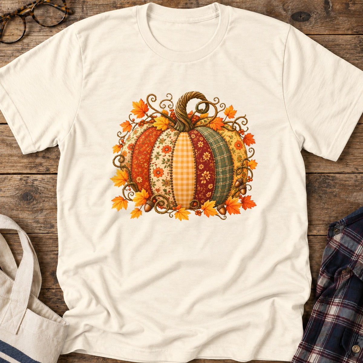 Autumn Patchwork Pumpkin T-Shirt in Natural
