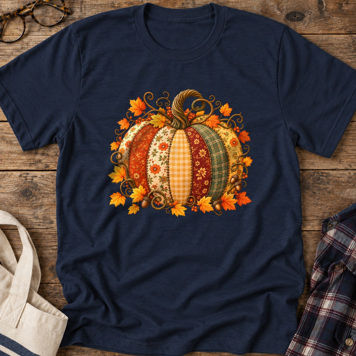 Autumn Patchwork Pumpkin T-Shirt in Navy