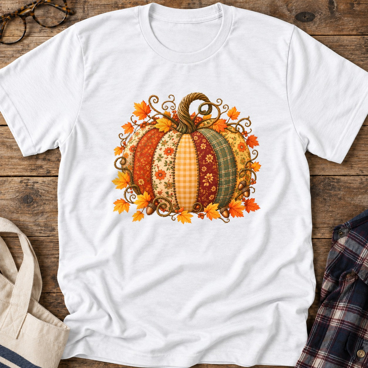 Autumn Patchwork Pumpkin T-Shirt in White