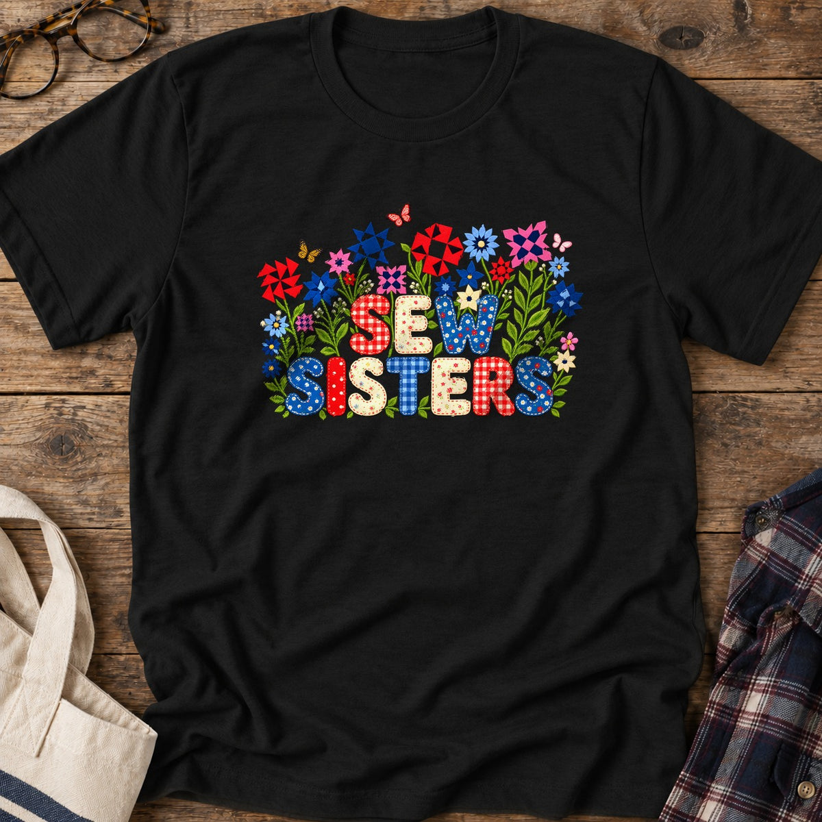Appliqué Sew Sisters T-Shirt in Black