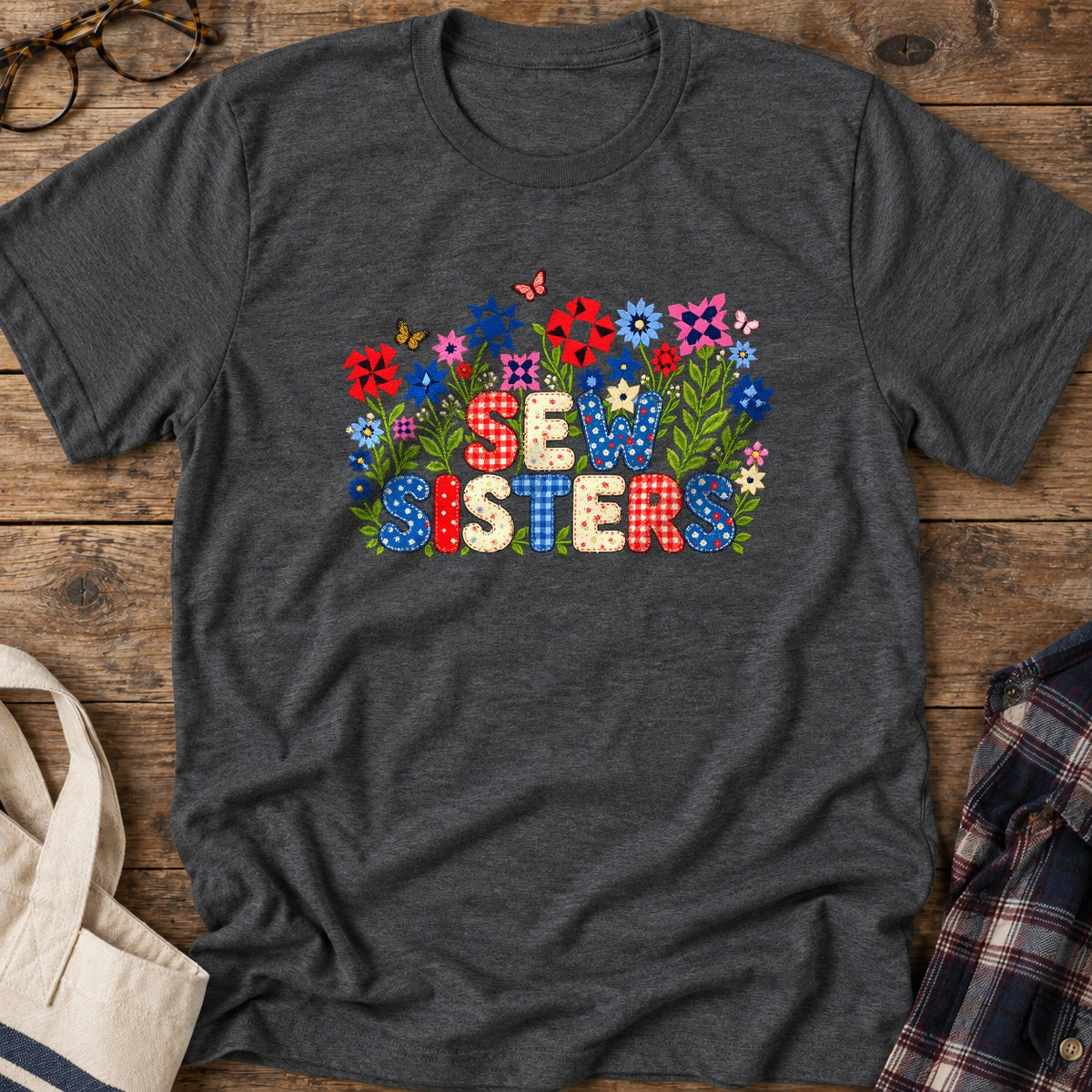 Appliqué Sew Sisters T-Shirt in Dark Heather