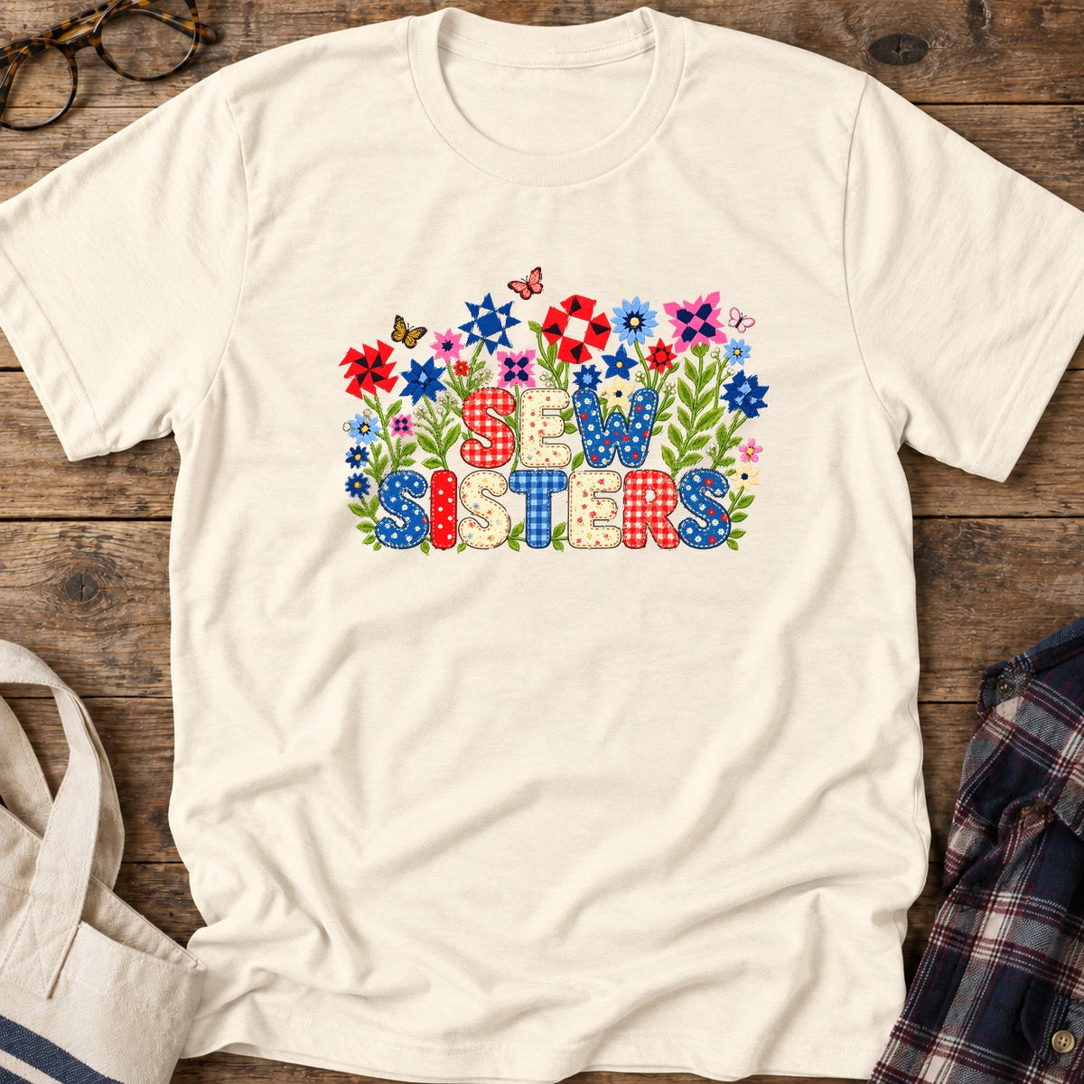 Appliqué Sew Sisters T-Shirt in Natural
