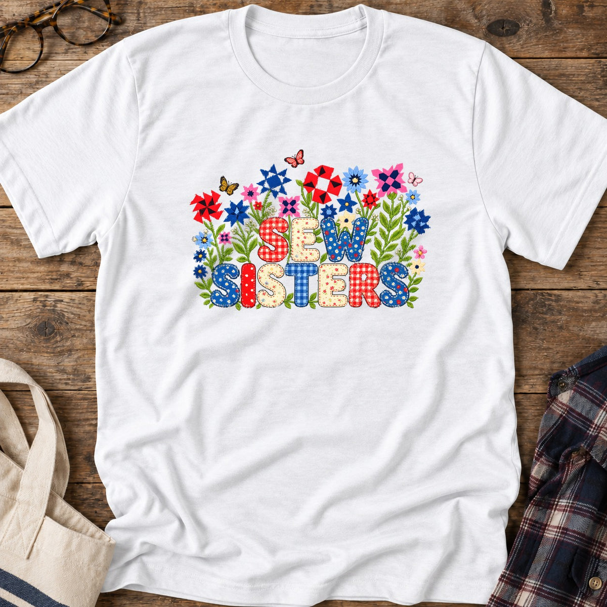 Appliqué Sew Sisters T-Shirt in White