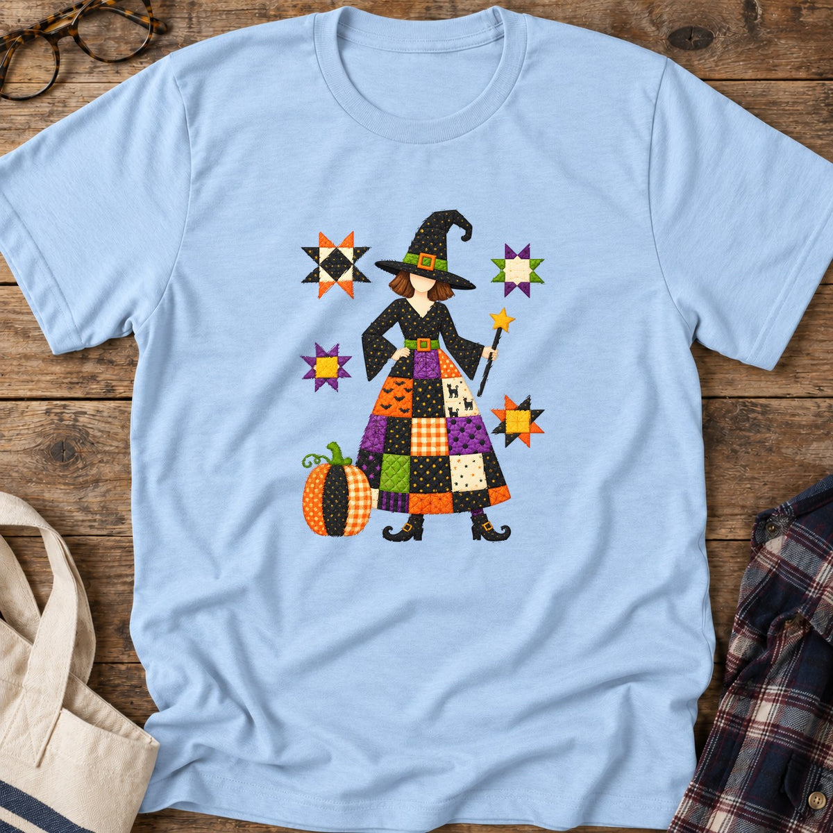 Patchwork Quilt Witch T-Shirt in Light Blue