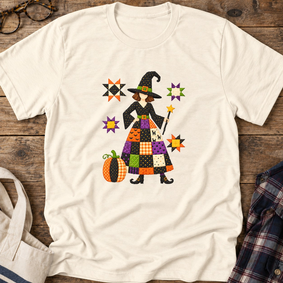 Patchwork Quilt Witch T-Shirt in Natural