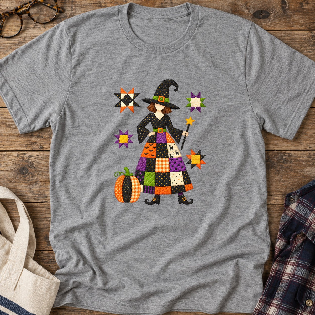 Patchwork Quilt Witch T-Shirt in Sport Grey