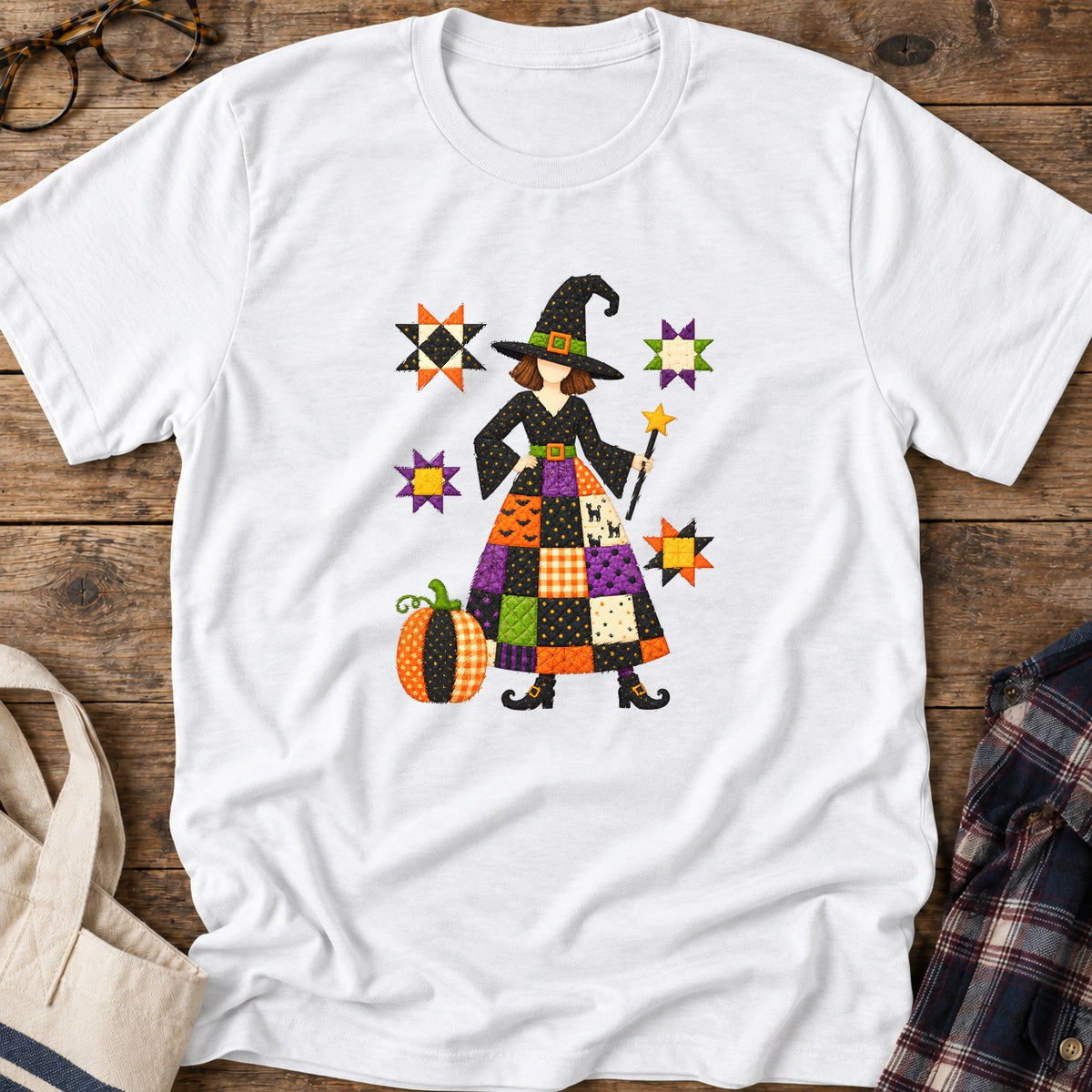 Patchwork Quilt Witch T-Shirt in White