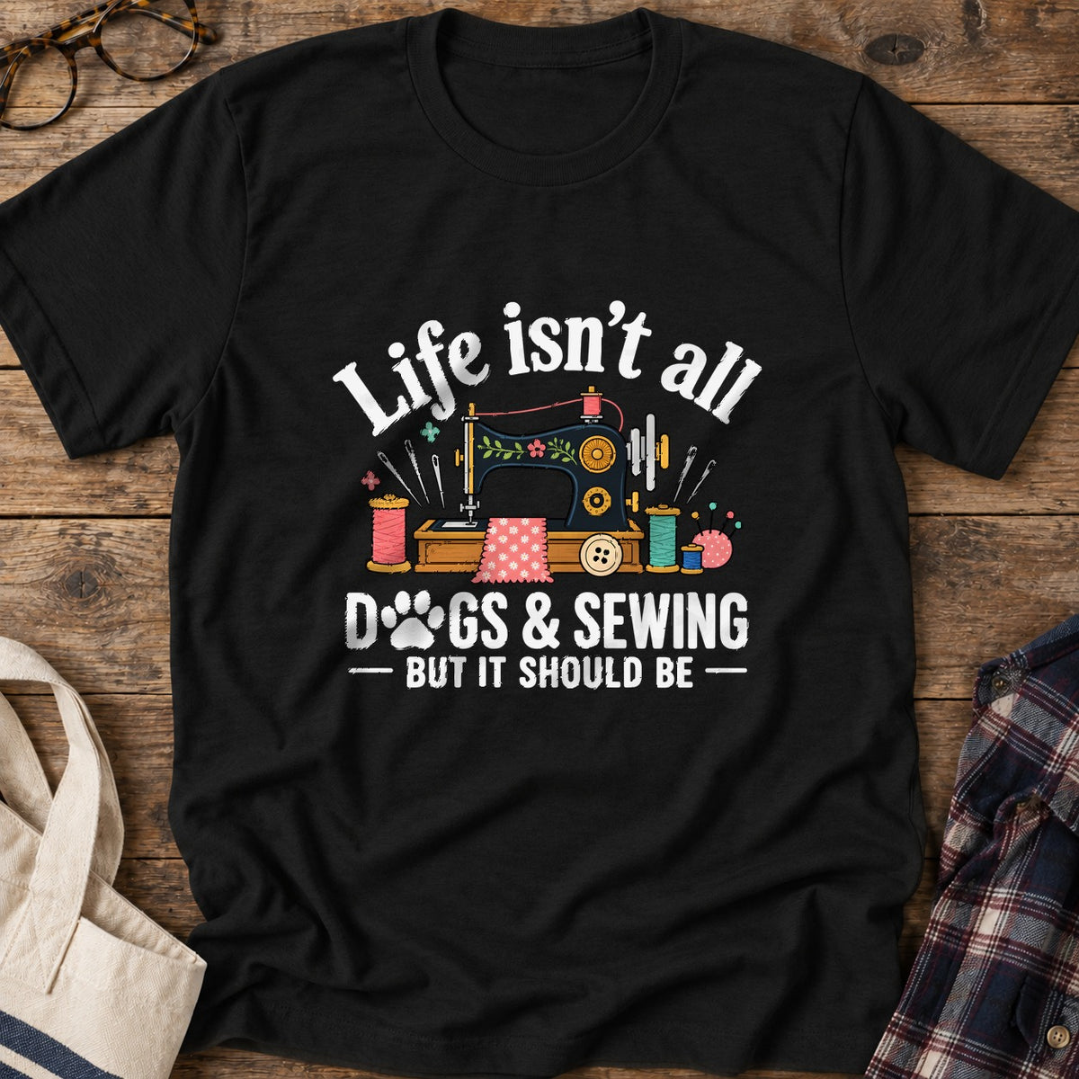 Dogs And Sewing T-Shirt in Black