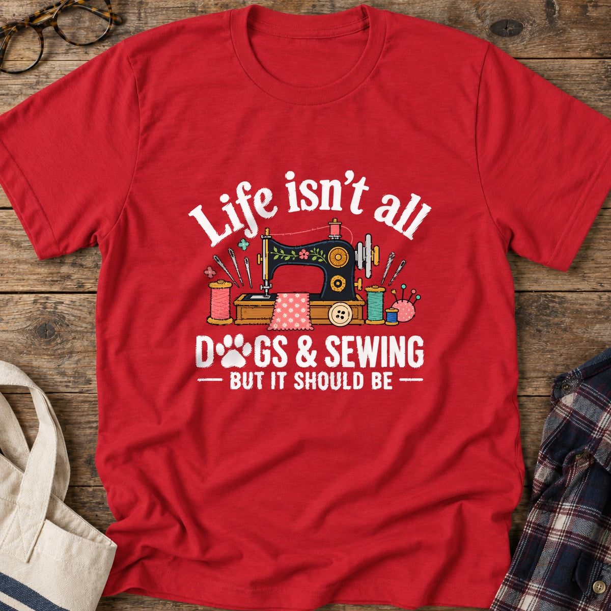 Dogs And Sewing T-Shirt in Red