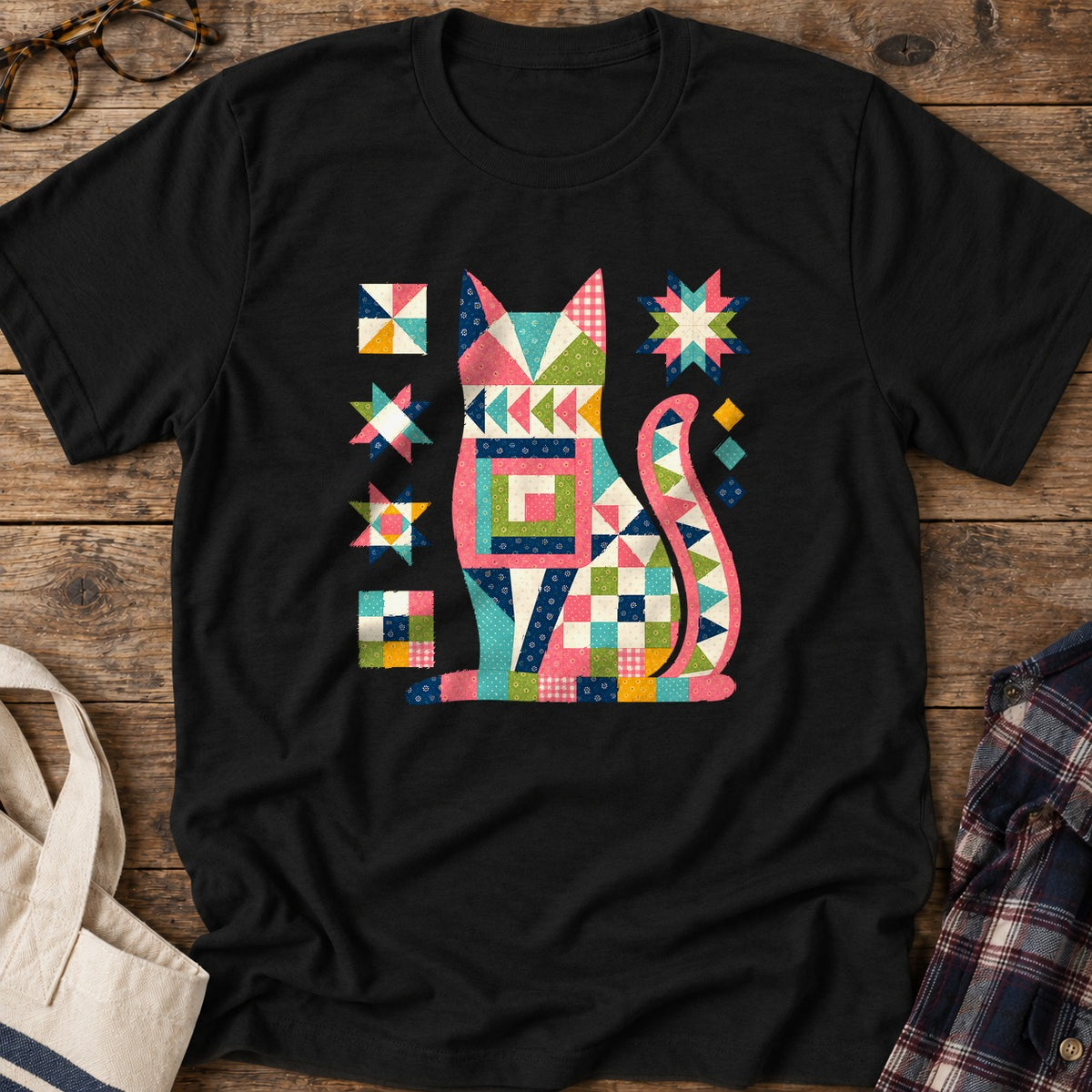 Patchwork Cat T-Shirt in Black