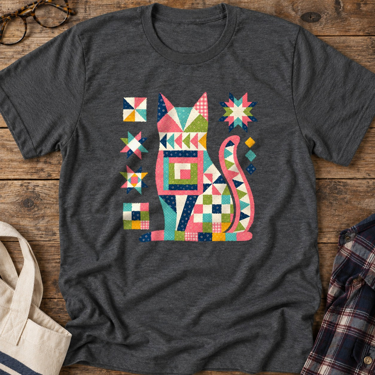 Patchwork Cat T-Shirt in Dark Heather