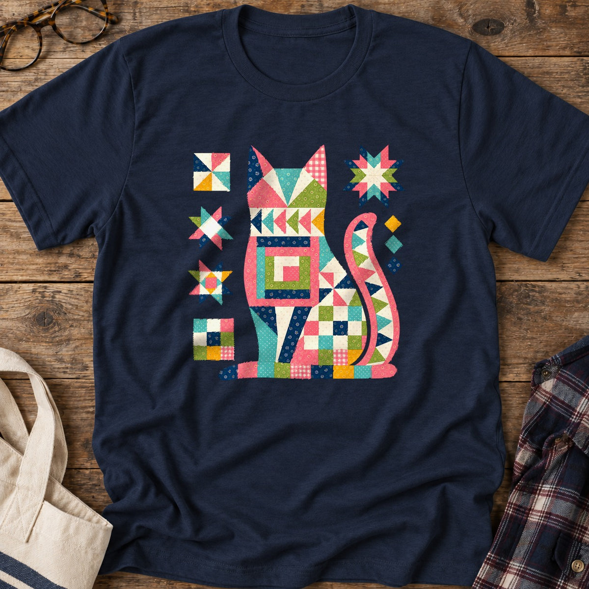 Patchwork Cat T-Shirt in Navy