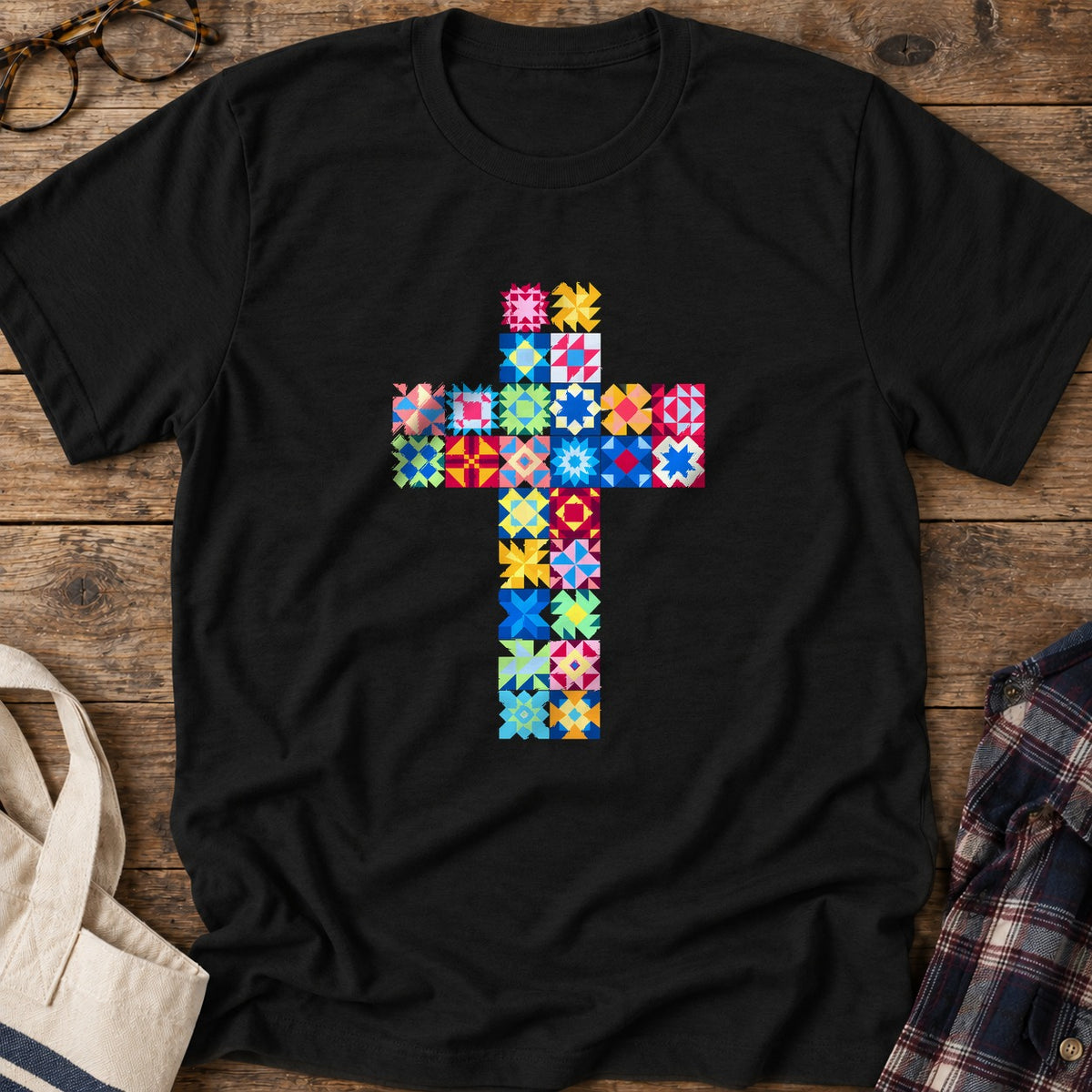Patchwork Faith Cross T-Shirt in Black