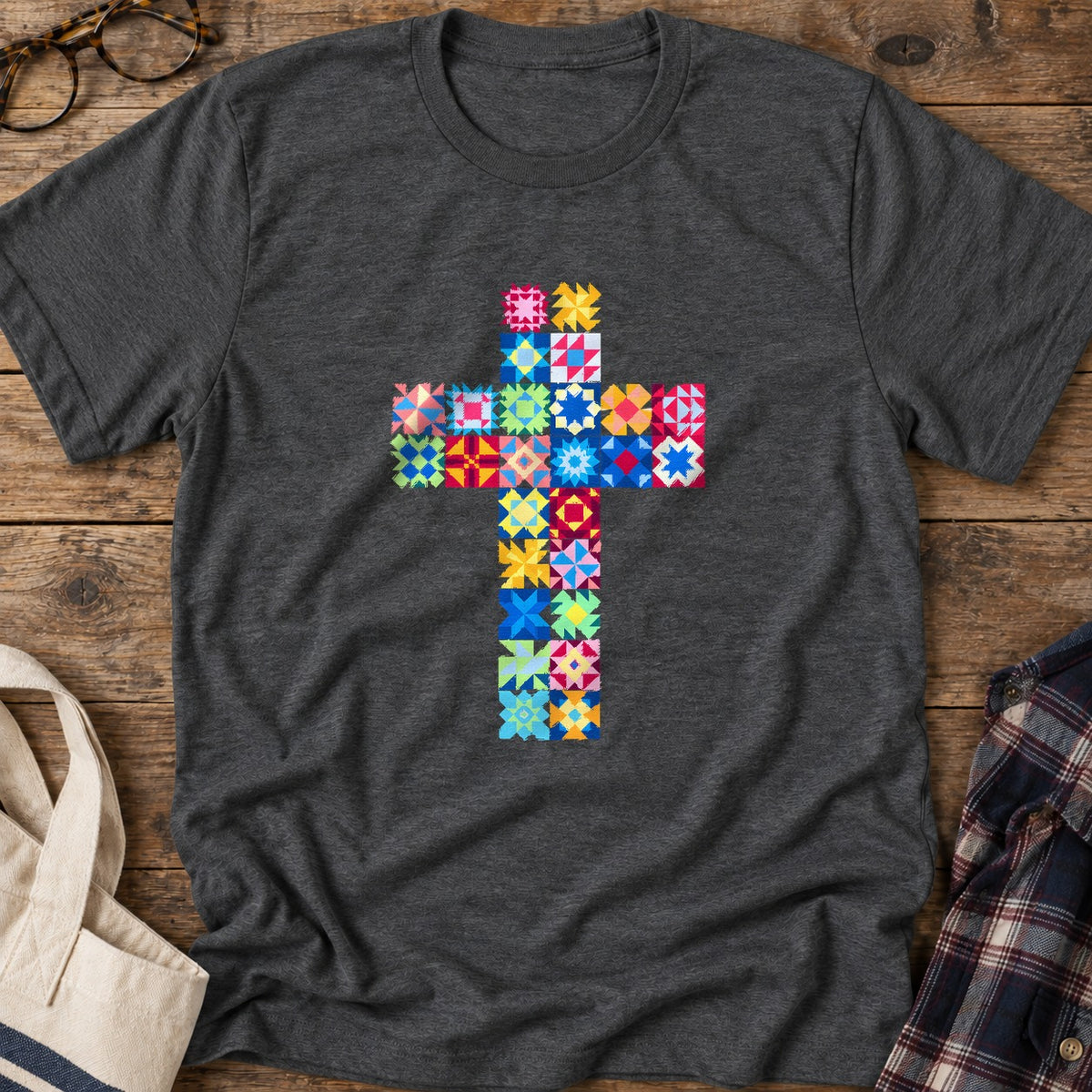 Patchwork Faith Cross T-Shirt in Dark Heather