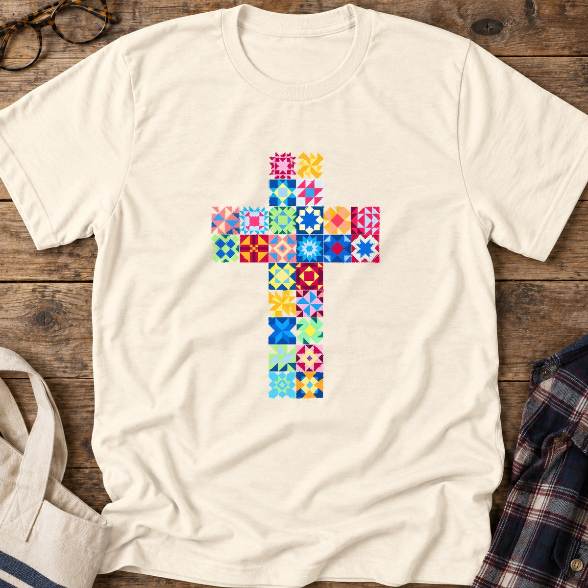 Patchwork Faith Cross T-Shirt in Natural