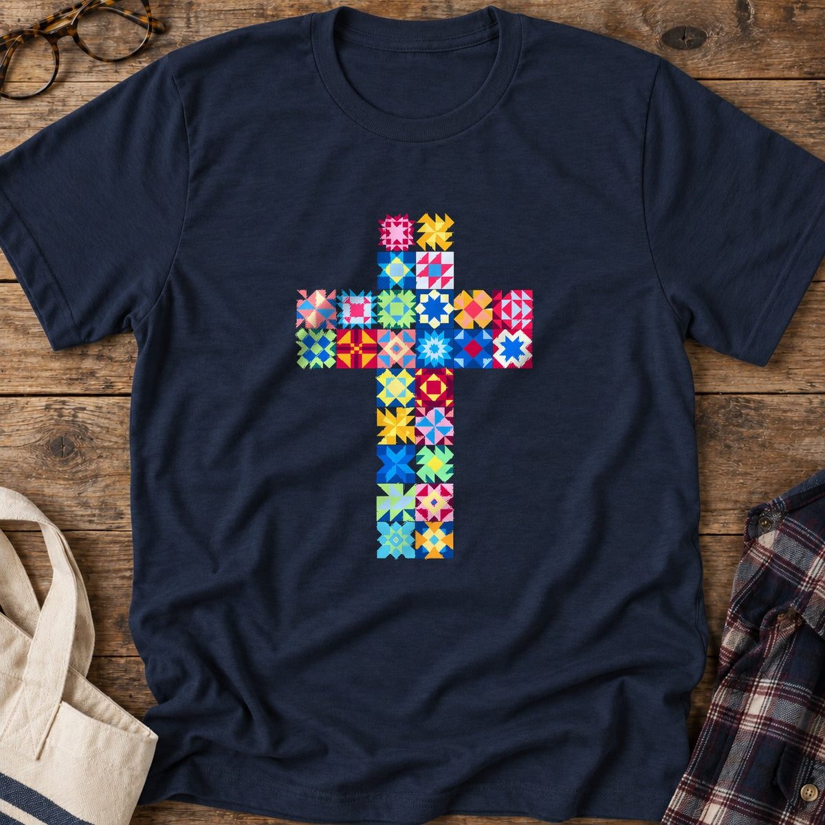 Patchwork Faith Cross T-Shirt in Navy