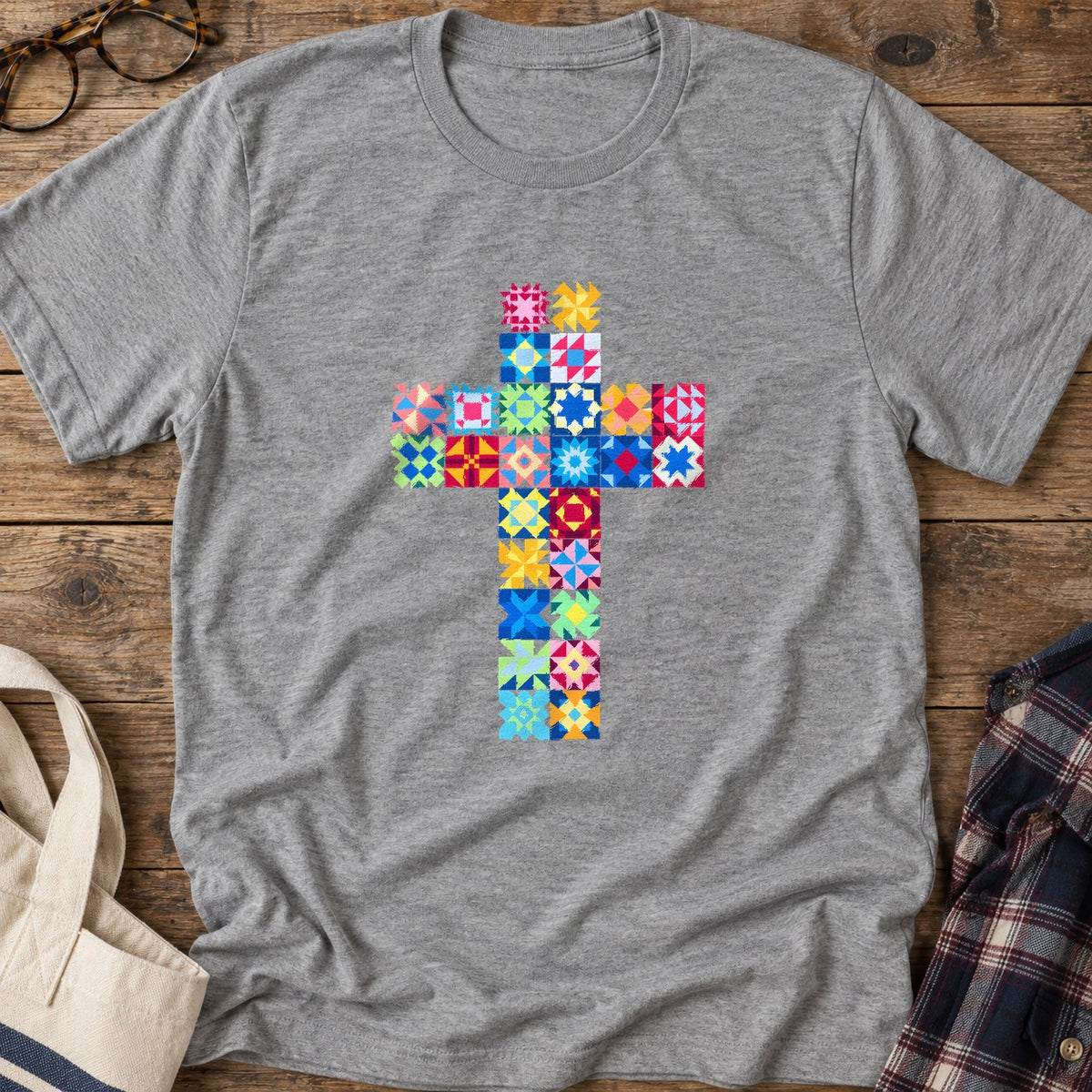 Patchwork Faith Cross T-Shirt in Sport Grey