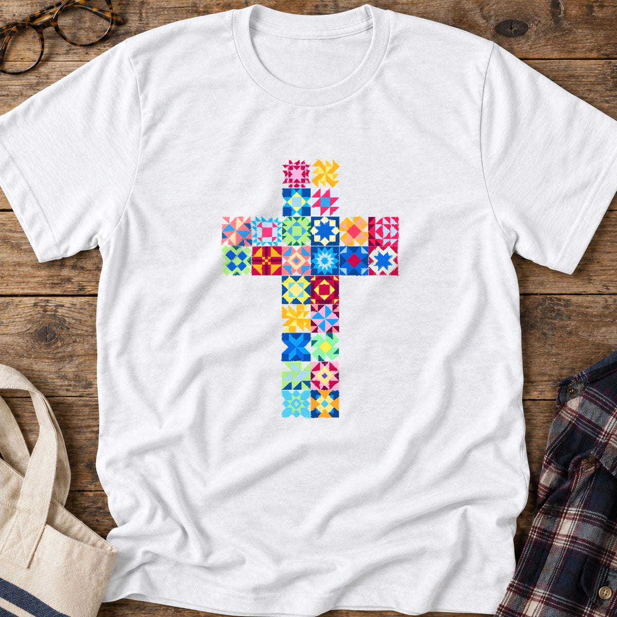 Patchwork Faith Cross T-Shirt in White